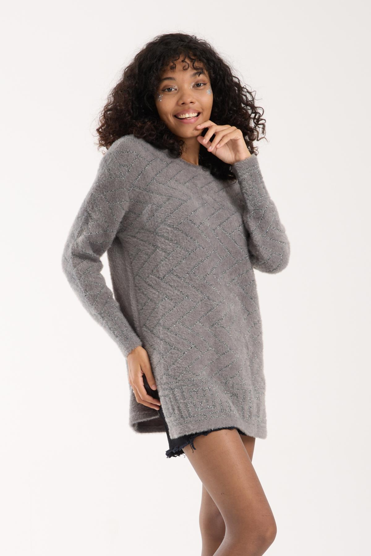Wholesale Women Gray Lurex Crew-Neck Knit Blouse with Side Slits 738850
