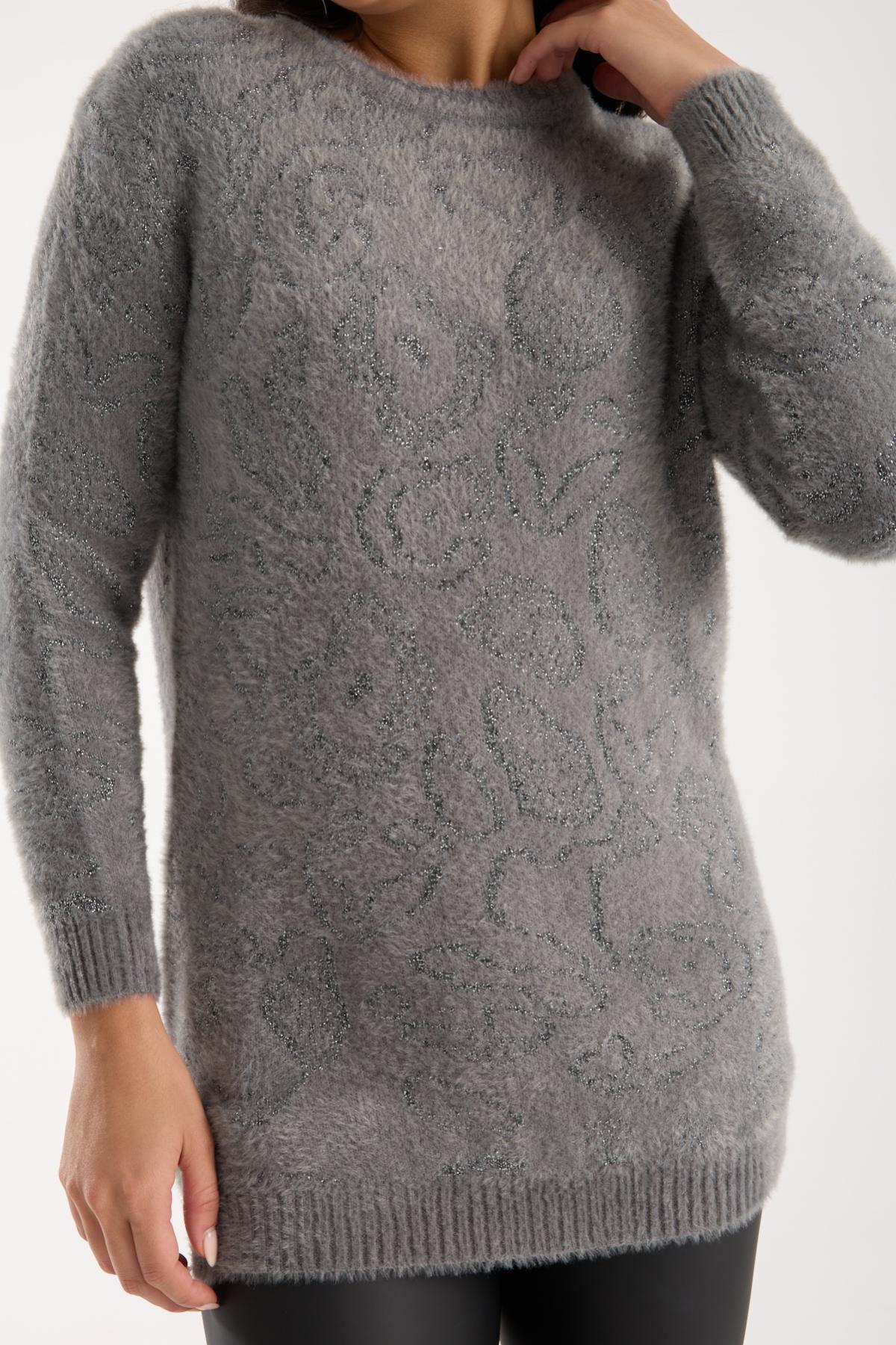 Wholesale Women Gray Lurex Crew-Neck Knit Blouse with Side Slits 738855