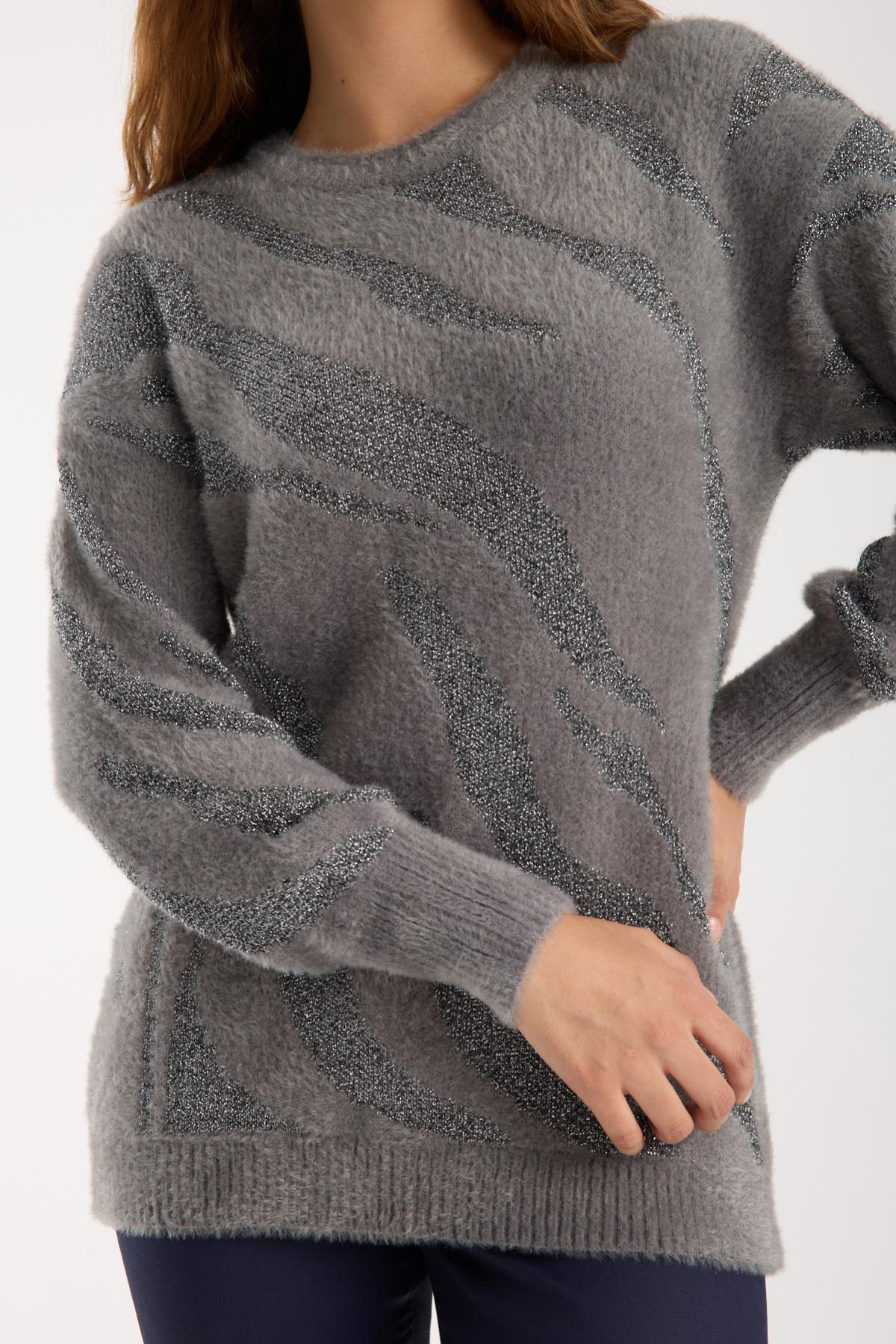 Wholesale Women Gray Lurex Crew-Neck Knit Blouse with Bishop Sleeves 738862