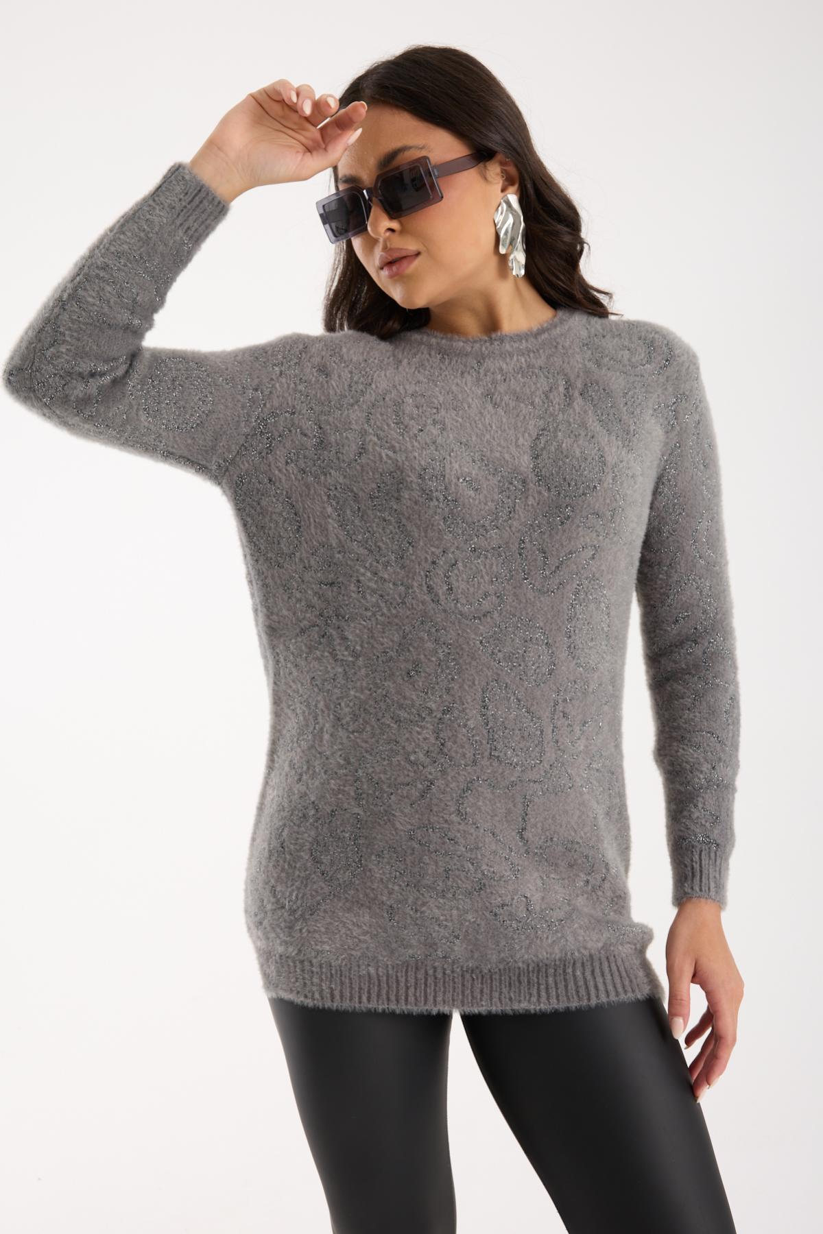 Wholesale Women Gray Lurex Crew-Neck Knit Blouse with Side Slits 738855