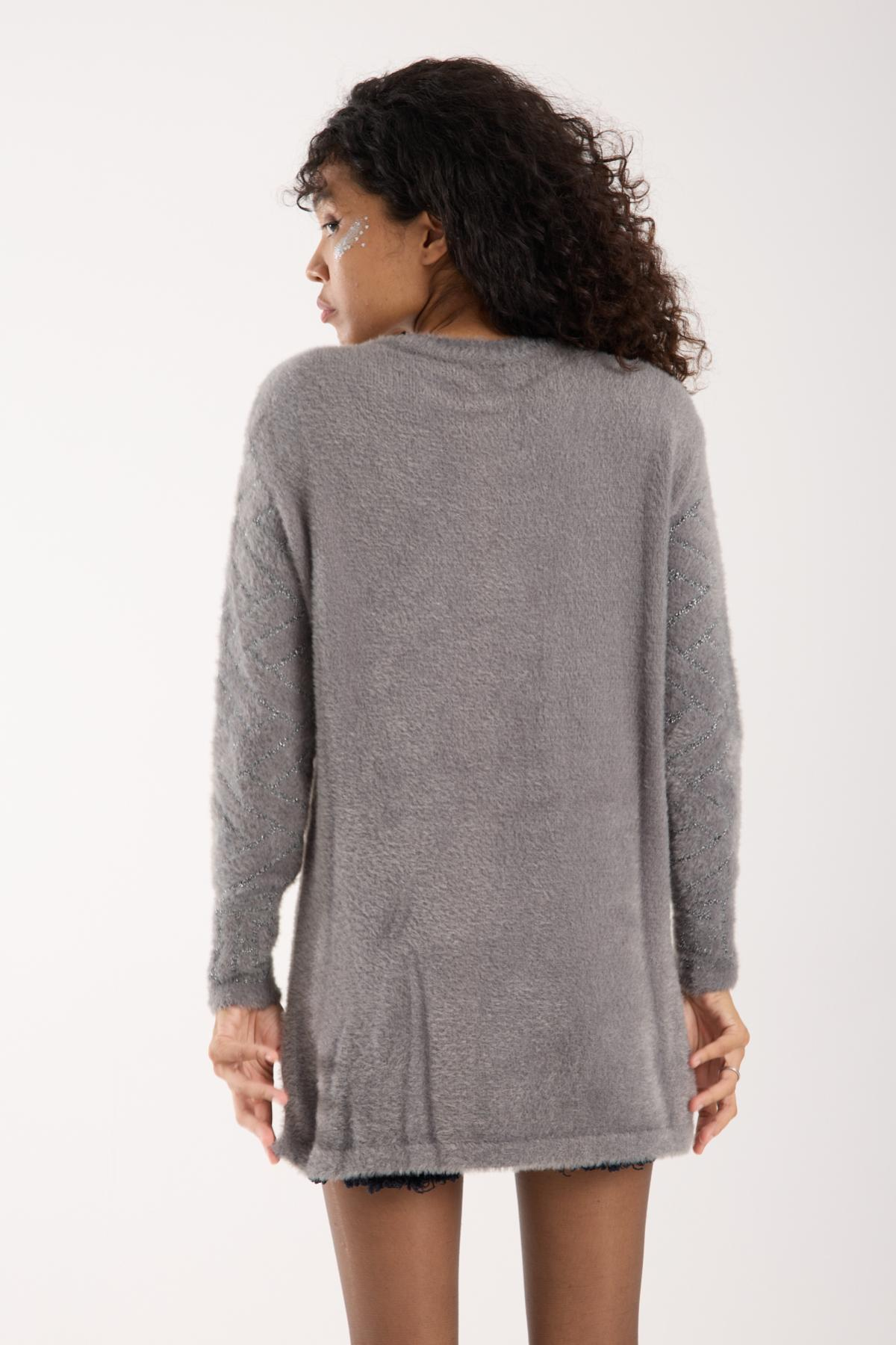 Wholesale Women Gray Lurex Crew-Neck Knit Blouse with Side Slits 738850