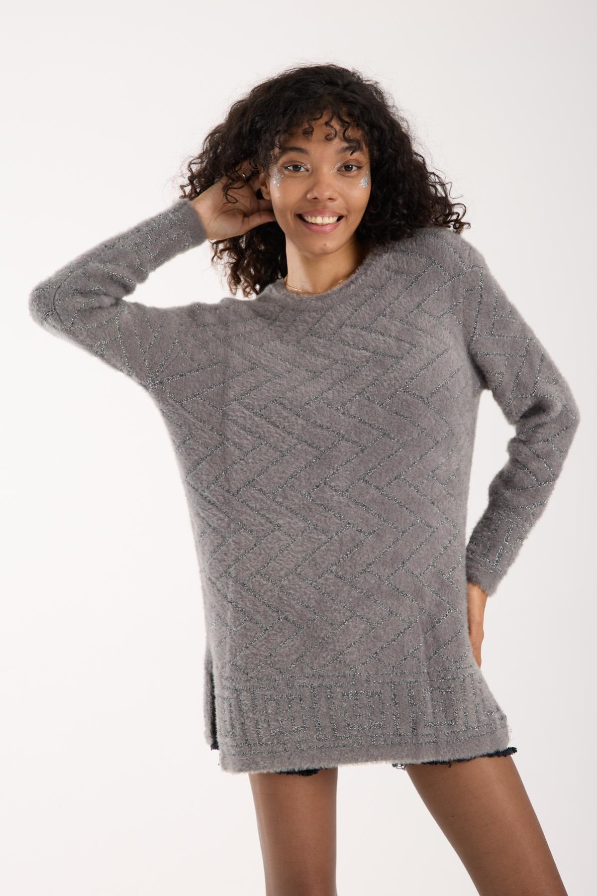Wholesale Women Gray Lurex Crew-Neck Knit Blouse with Side Slits 738850