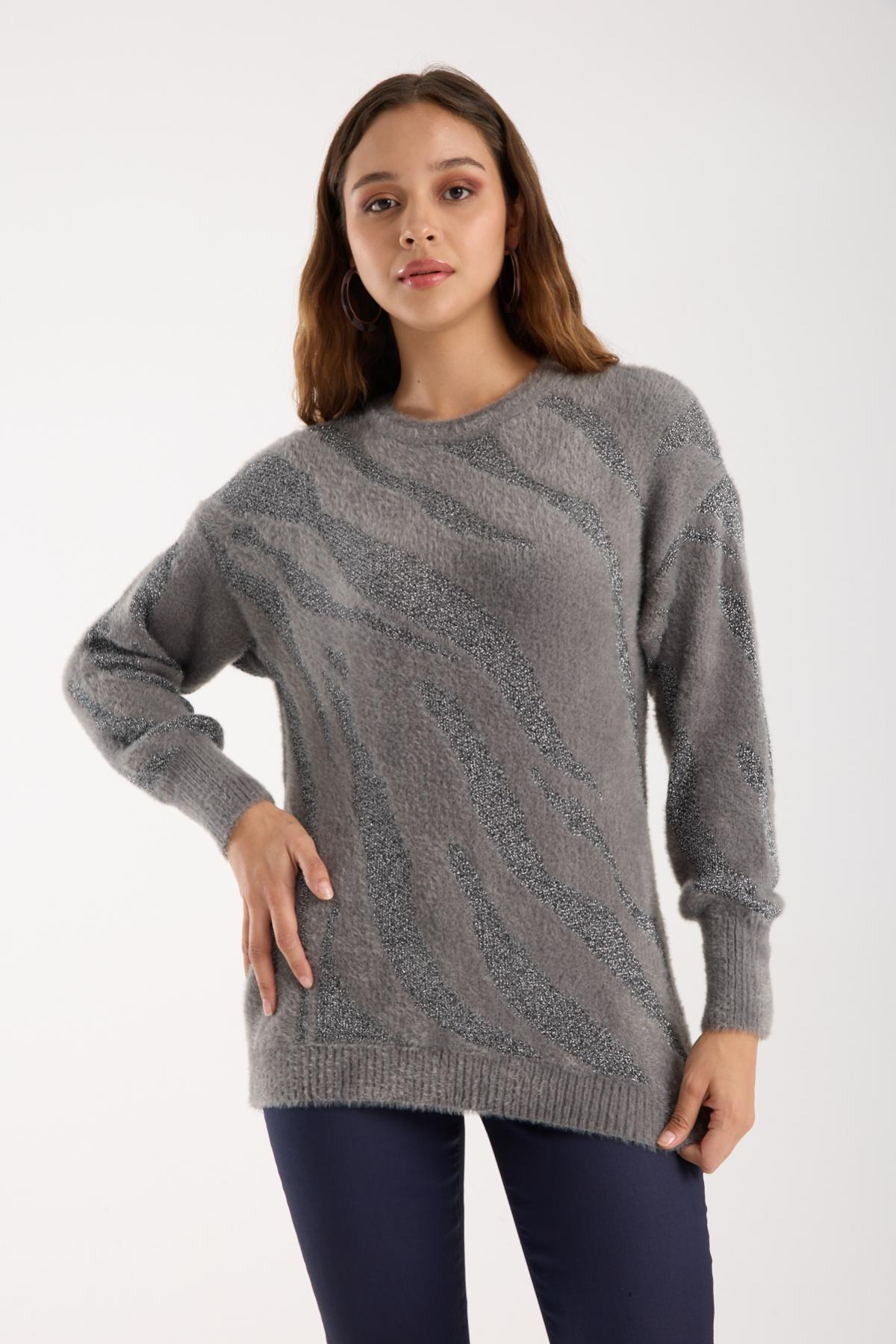 Wholesale Women Gray Lurex Crew-Neck Knit Blouse with Bishop Sleeves 738862