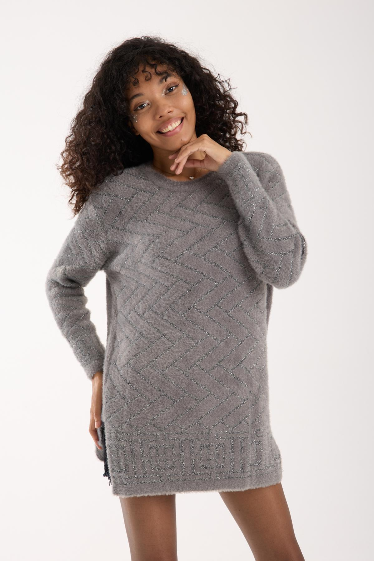 Wholesale Women Gray Lurex Crew-Neck Knit Blouse with Side Slits 738850