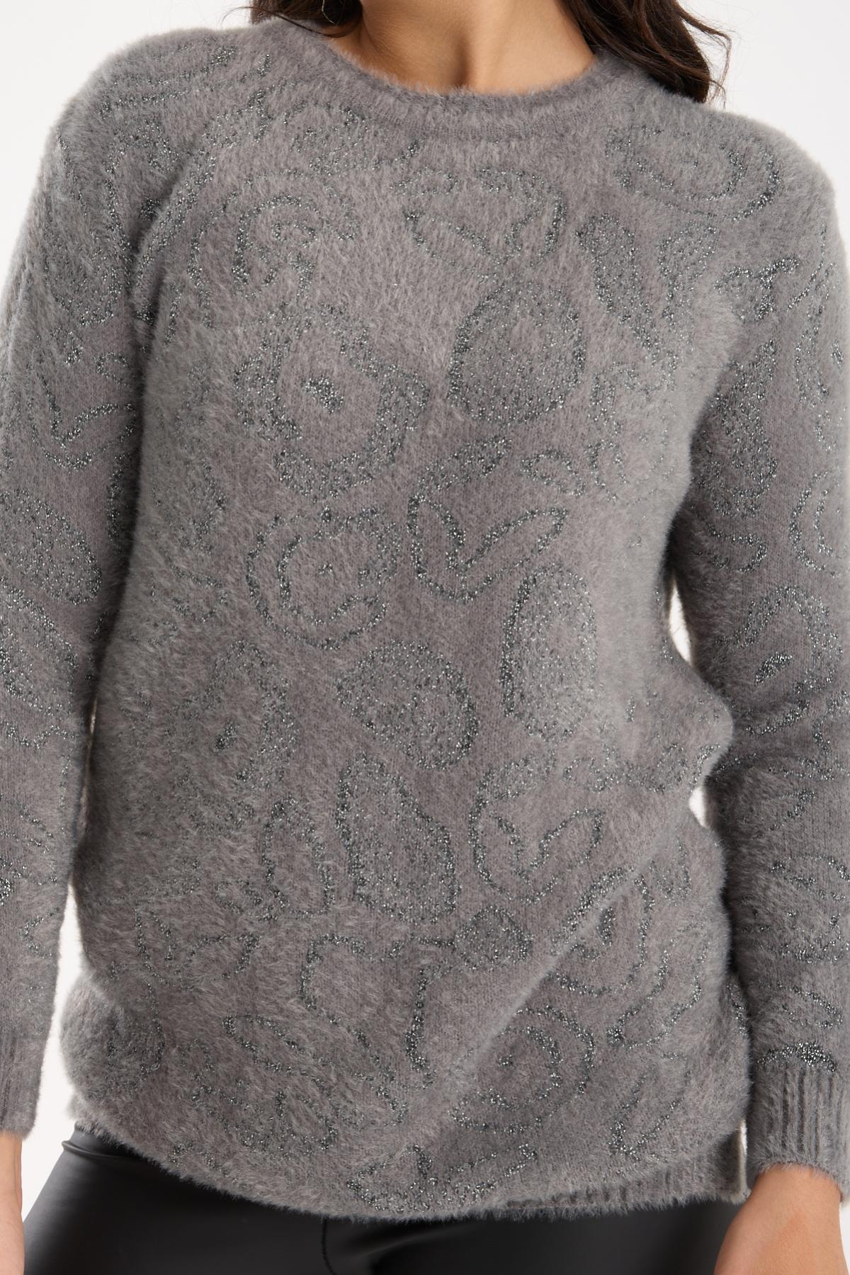 Wholesale Women Gray Lurex Crew-Neck Knit Blouse with Side Slits 738855