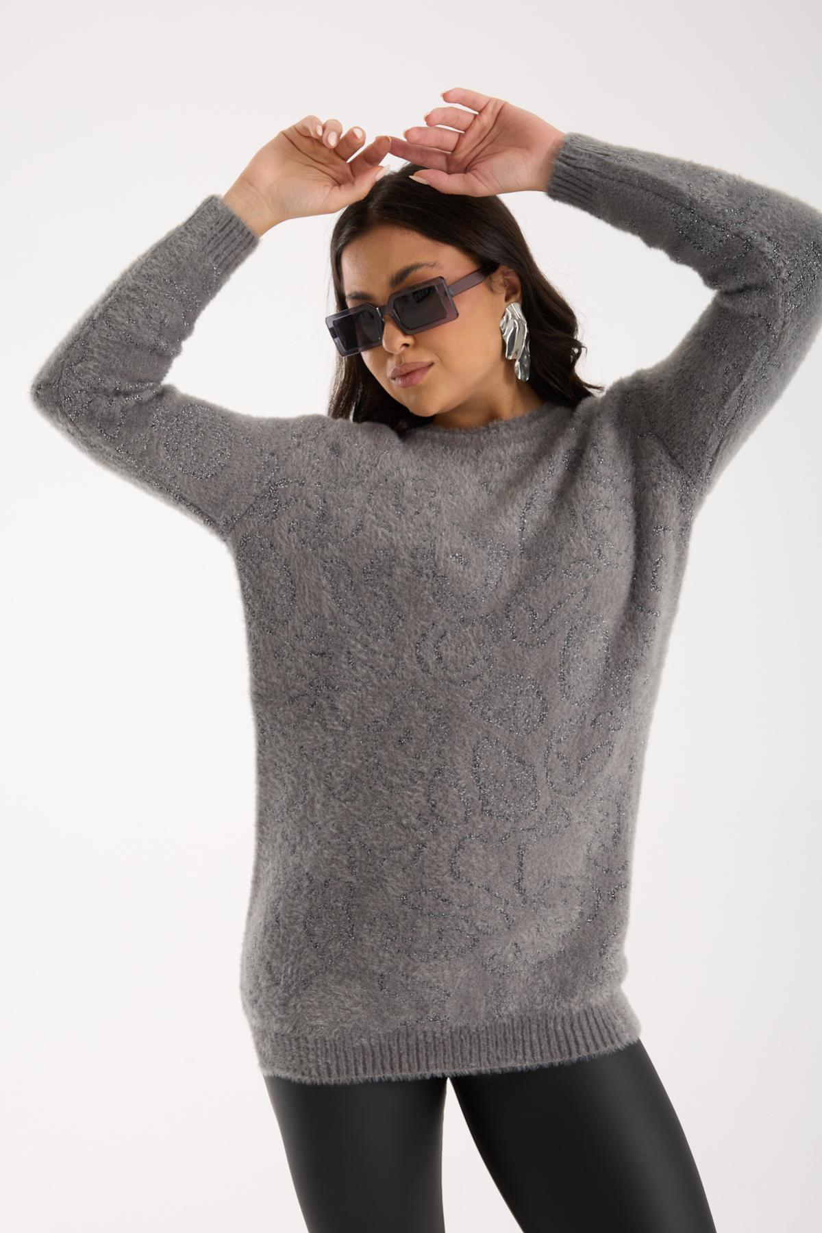 Wholesale Women Gray Lurex Crew-Neck Knit Blouse with Side Slits 738855