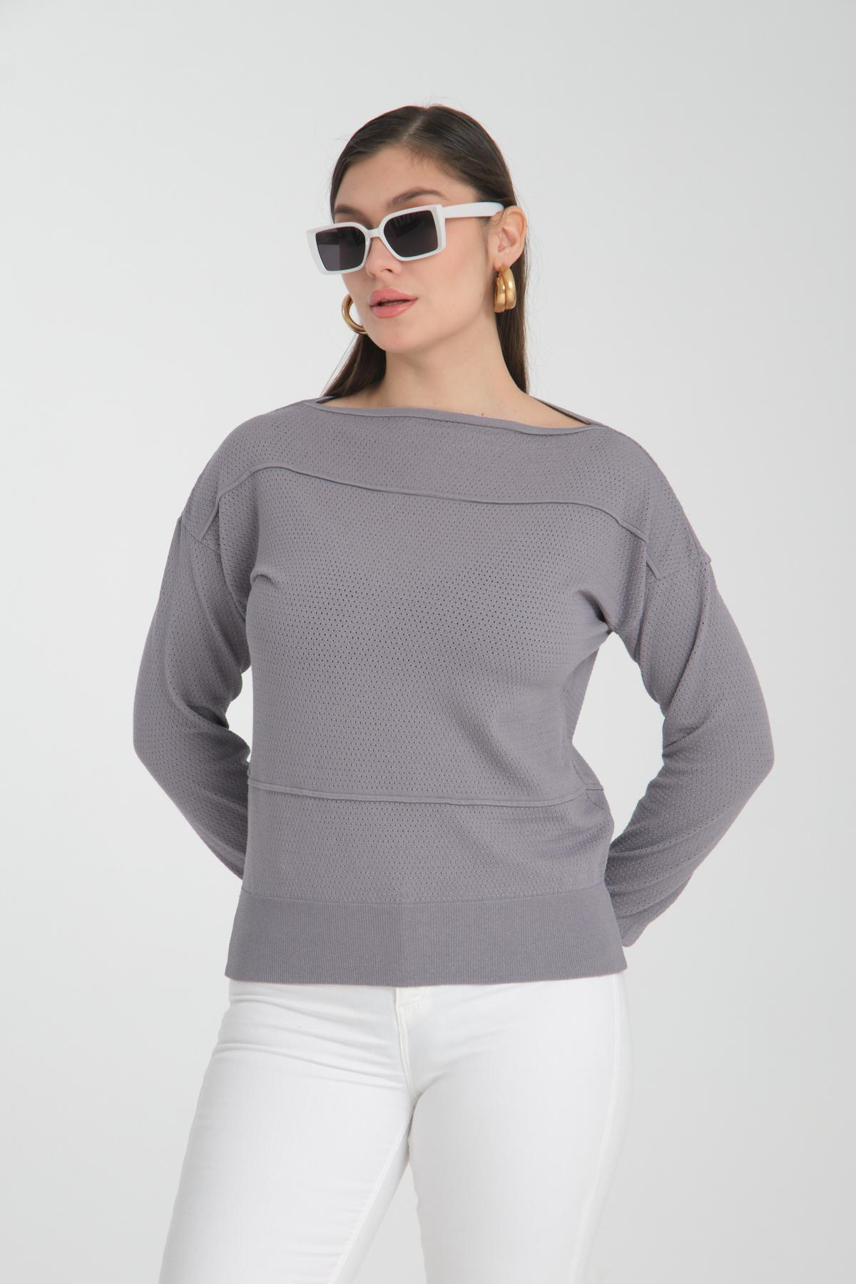 Wholesale Women Gray Openwork Boat Neck Knit Blouse 722664