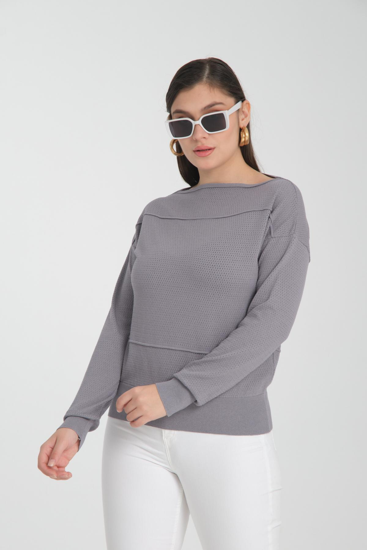 Wholesale Women Gray Openwork Boat Neck Knit Blouse 722664