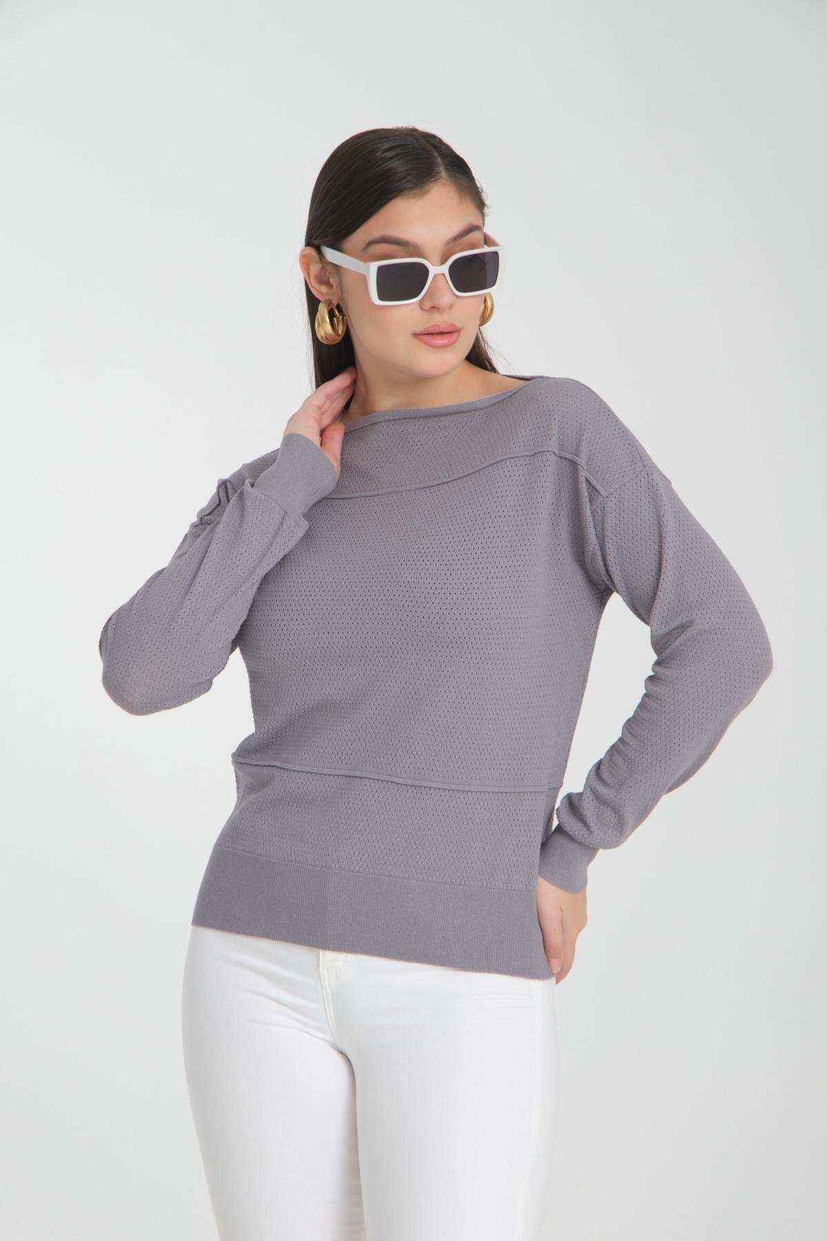 Wholesale Women Gray Openwork Boat Neck Knit Blouse 722664