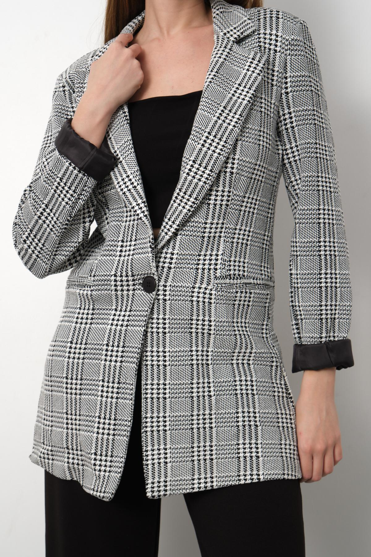 Wholesale Women Gray Plaid Notched Collar Welt Pockets Lined Blazer 715578