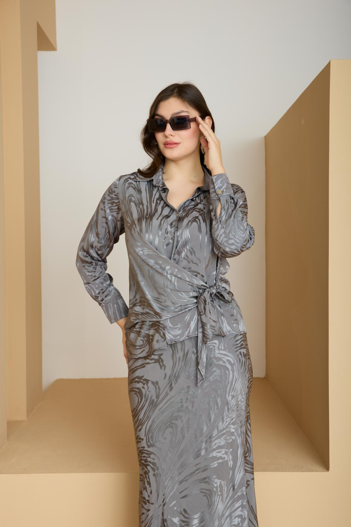 Wholesale Women Gray Satin Jacquard Suit - Shirt with Gathered Front and Flared Skirt Set 729174