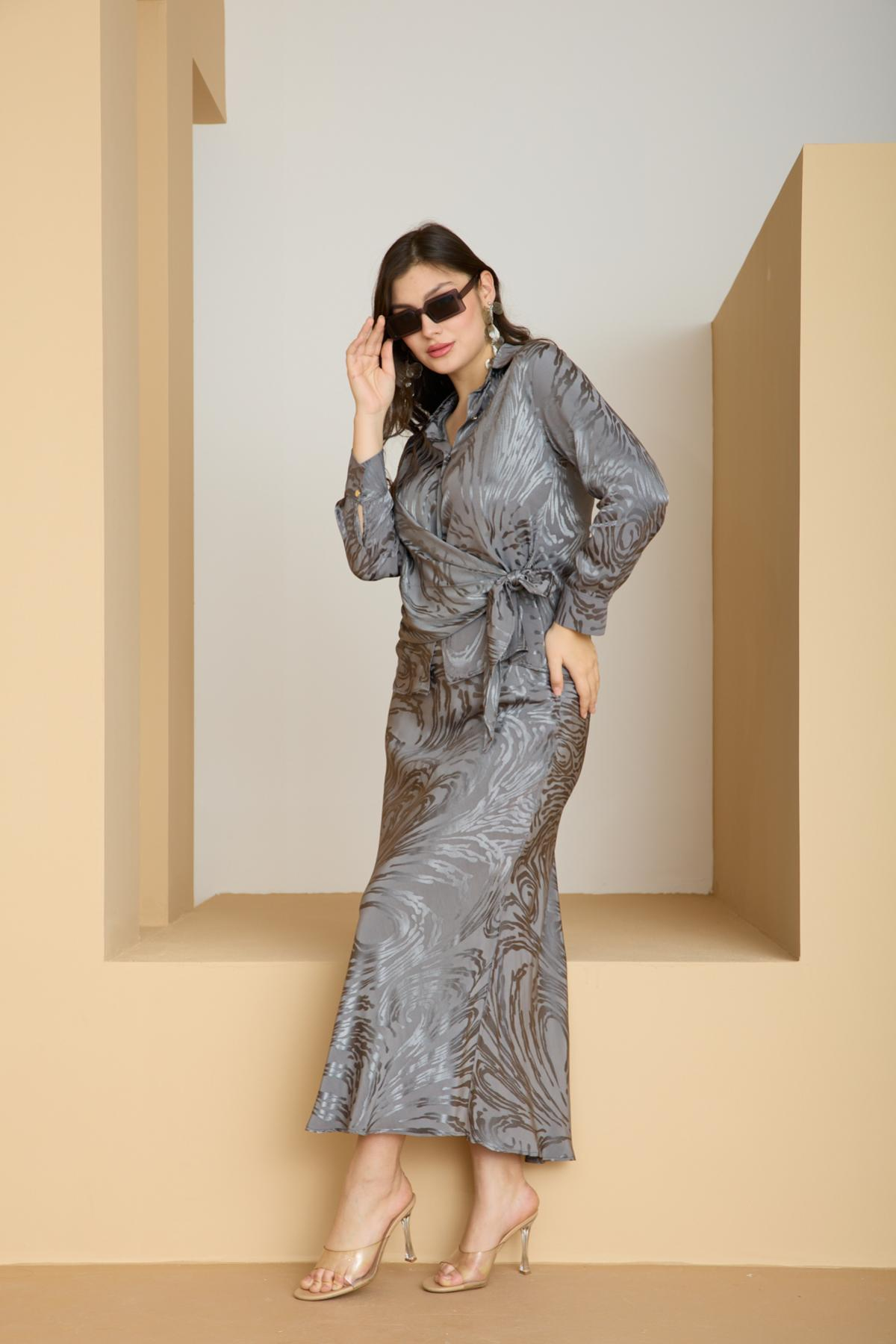 Wholesale Women Gray Satin Jacquard Suit - Shirt with Gathered Front and Flared Skirt Set 729174