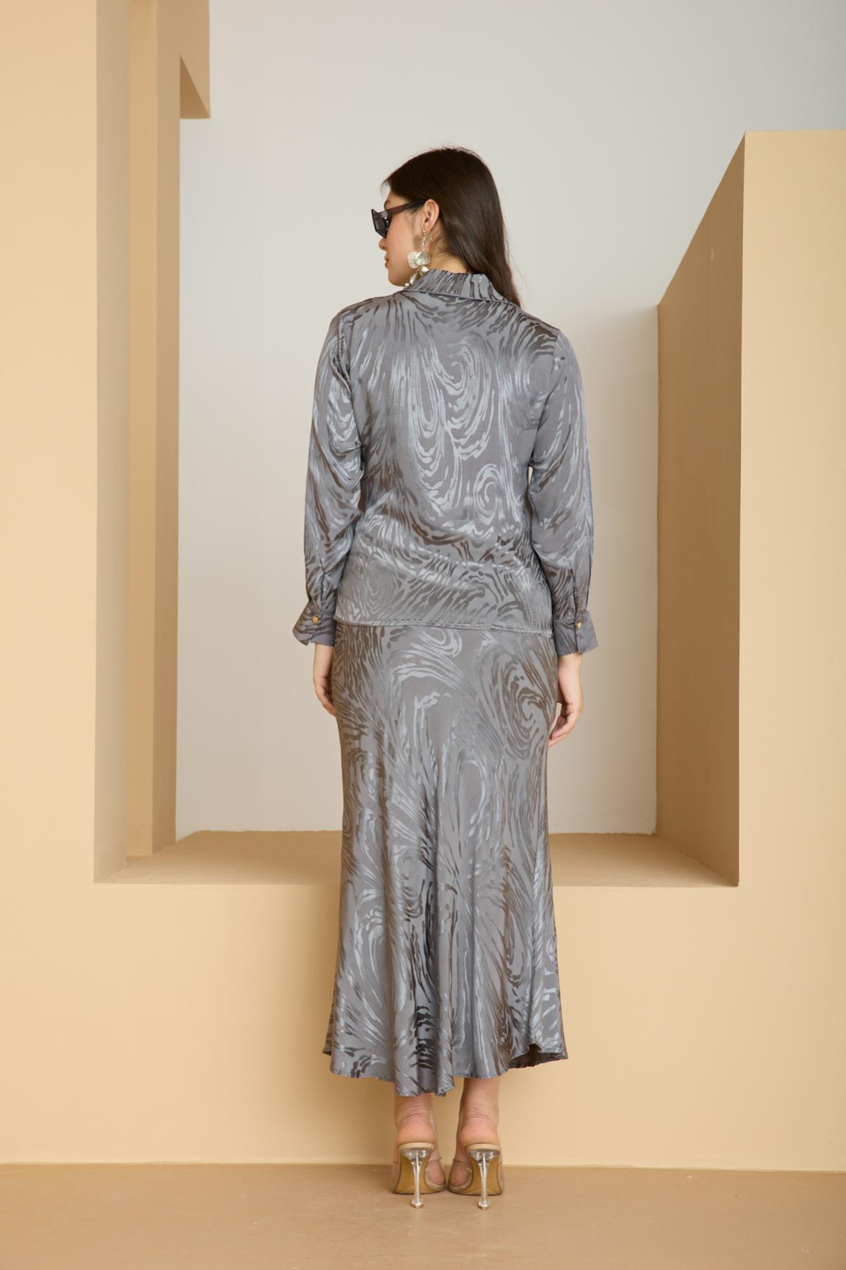 Wholesale Women Gray Satin Jacquard Suit - Shirt with Gathered Front and Flared Skirt Set 729174