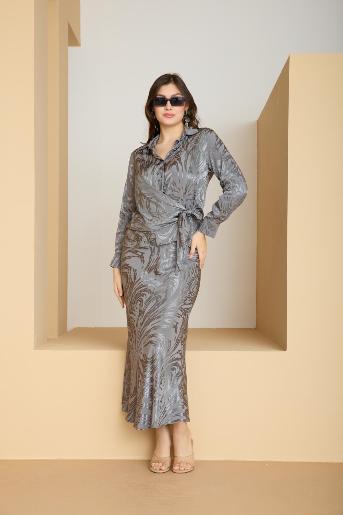 Wholesale Women Gray Satin Jacquard Suit - Shirt with Gathered Front and Flared Skirt Set 729174
