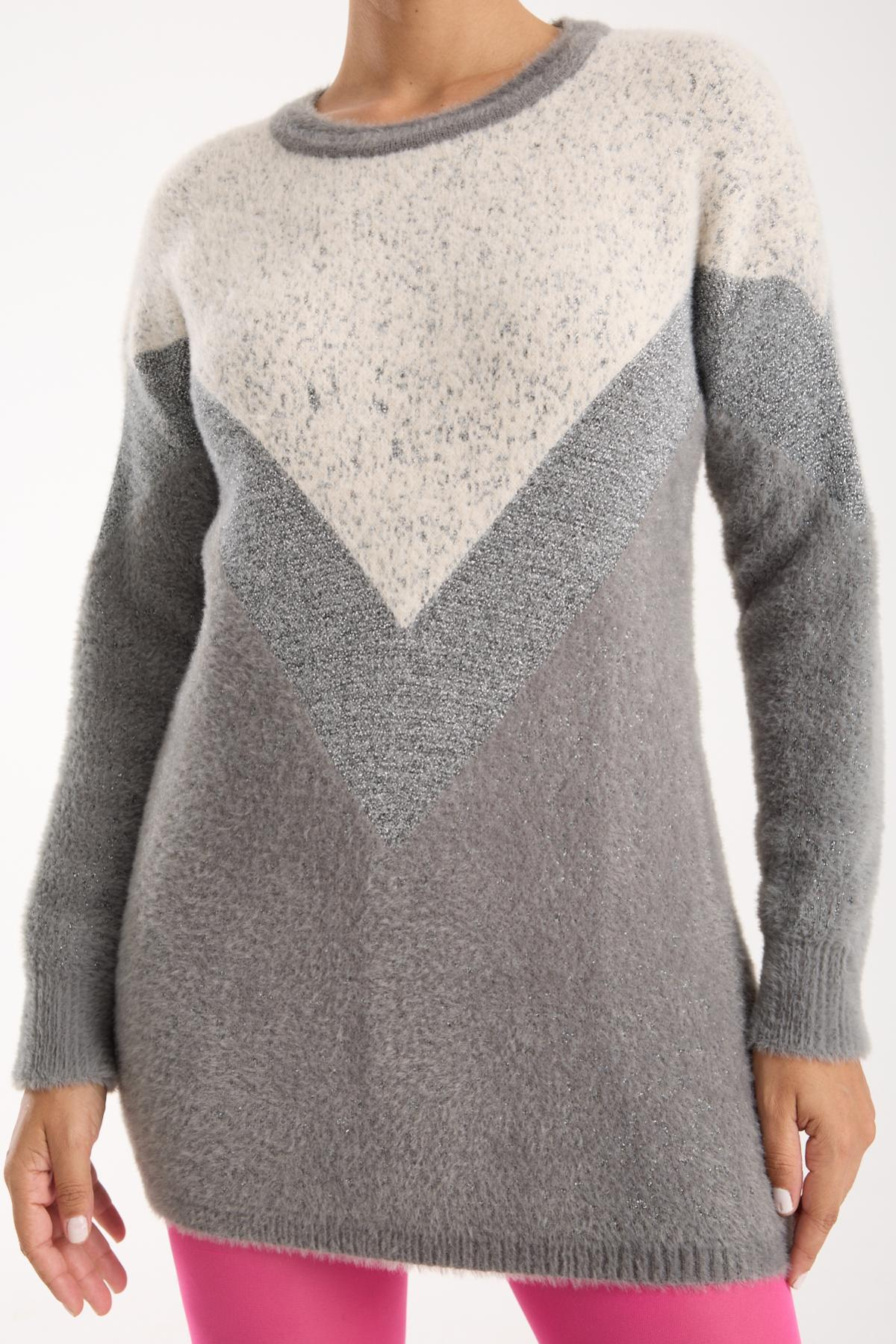 Wholesale Women Gray Two-Tone Crew-Neck Lurex Knit Blouse 738868