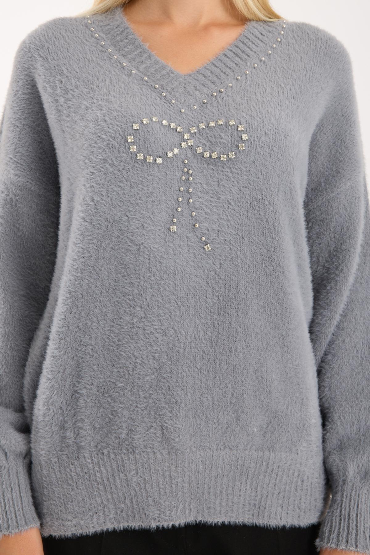Wholesale Women Gray V-Neck Knit Blouse with Rhinestone and Pearl Embellishments 738883