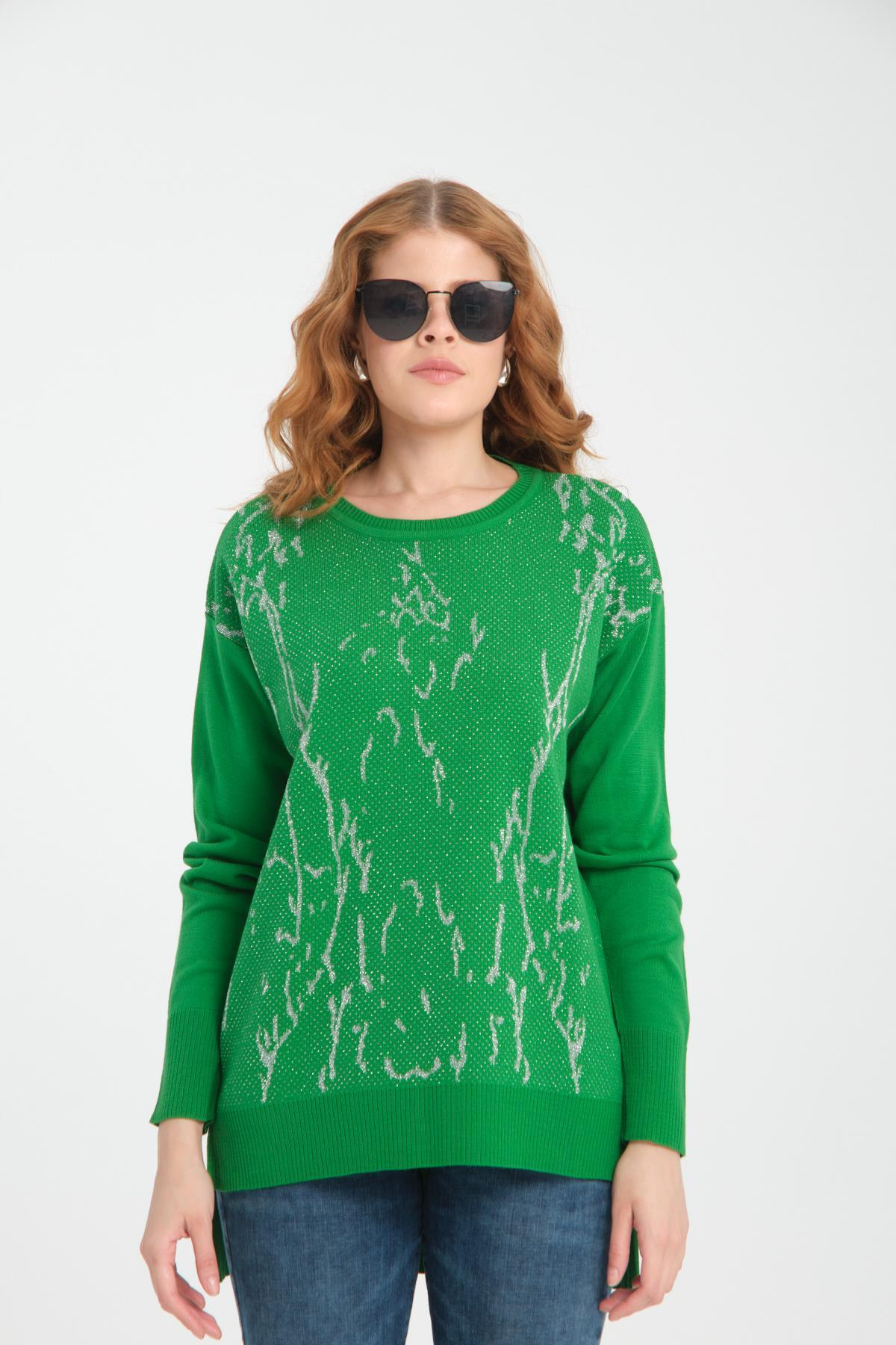 Wholesale Women Green Glitter Crew-Neck Sweaters 710995