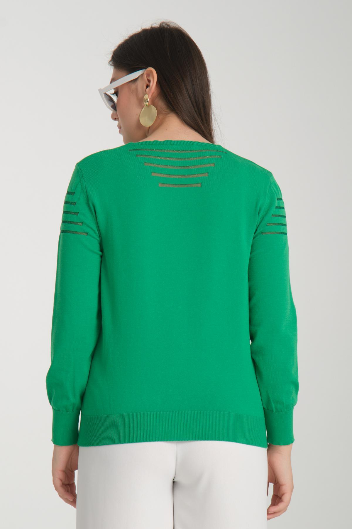Wholesale Women Green Glitter Garnished V Neck Knit Blouse 722624