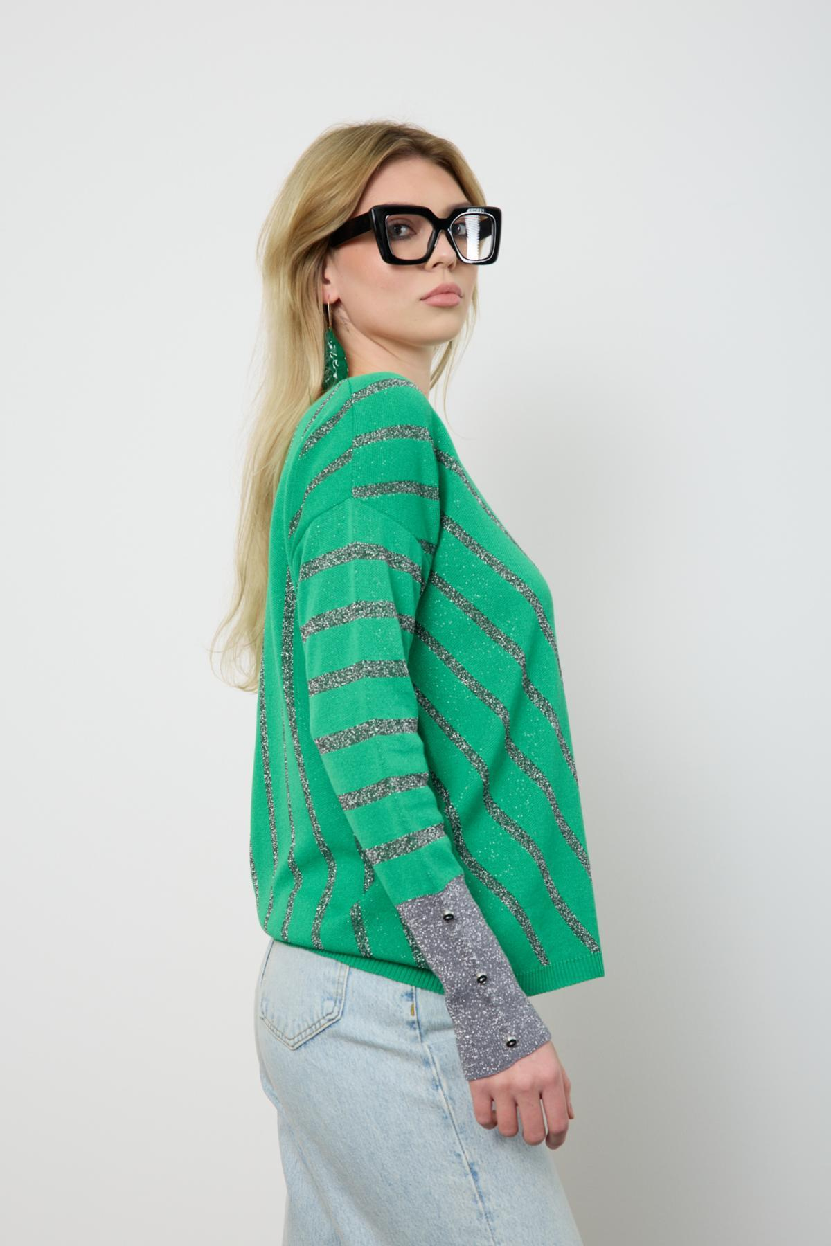 Wholesale Women Green Glitter V Neck Knit Blouse with Buttons on Sleeves 724823