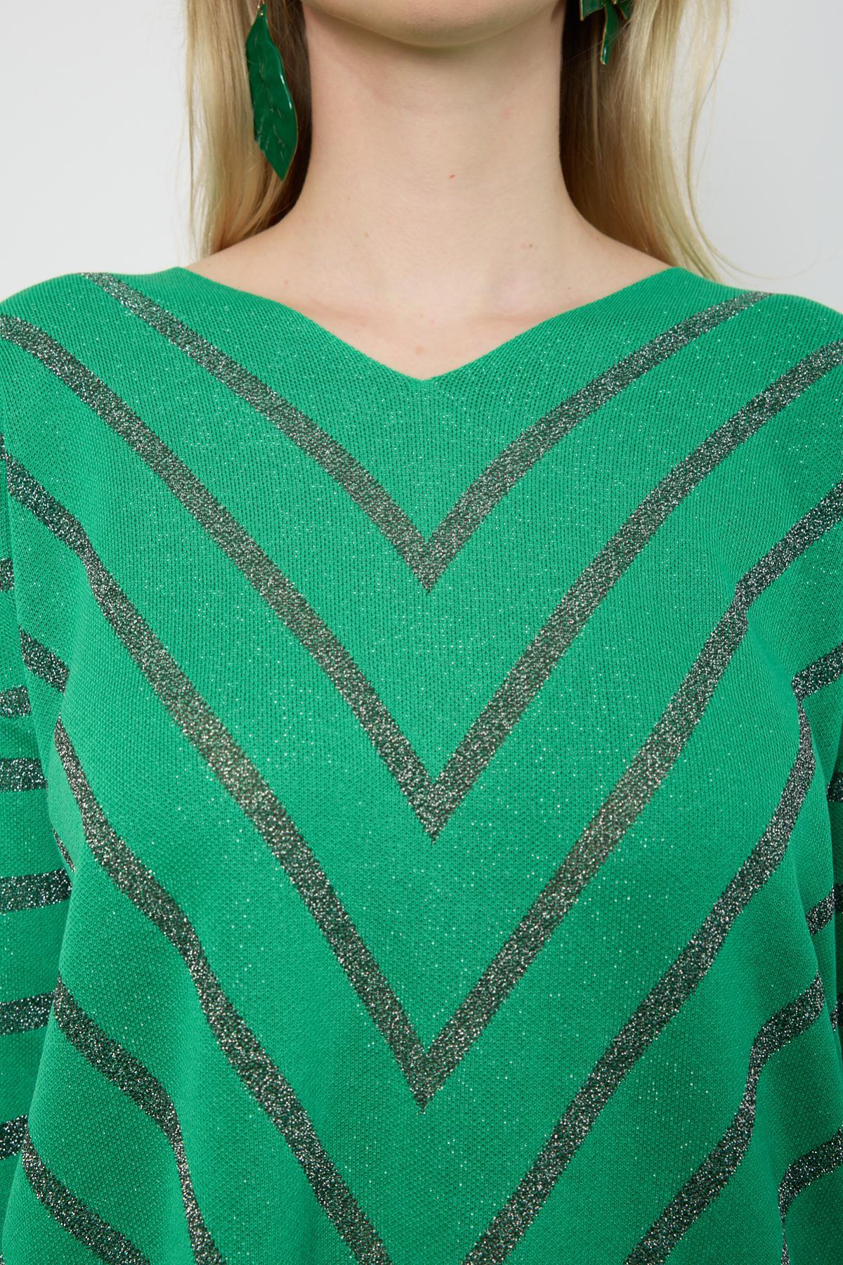 Wholesale Women Green Glitter V Neck Knit Blouse with Buttons on Sleeves 724823