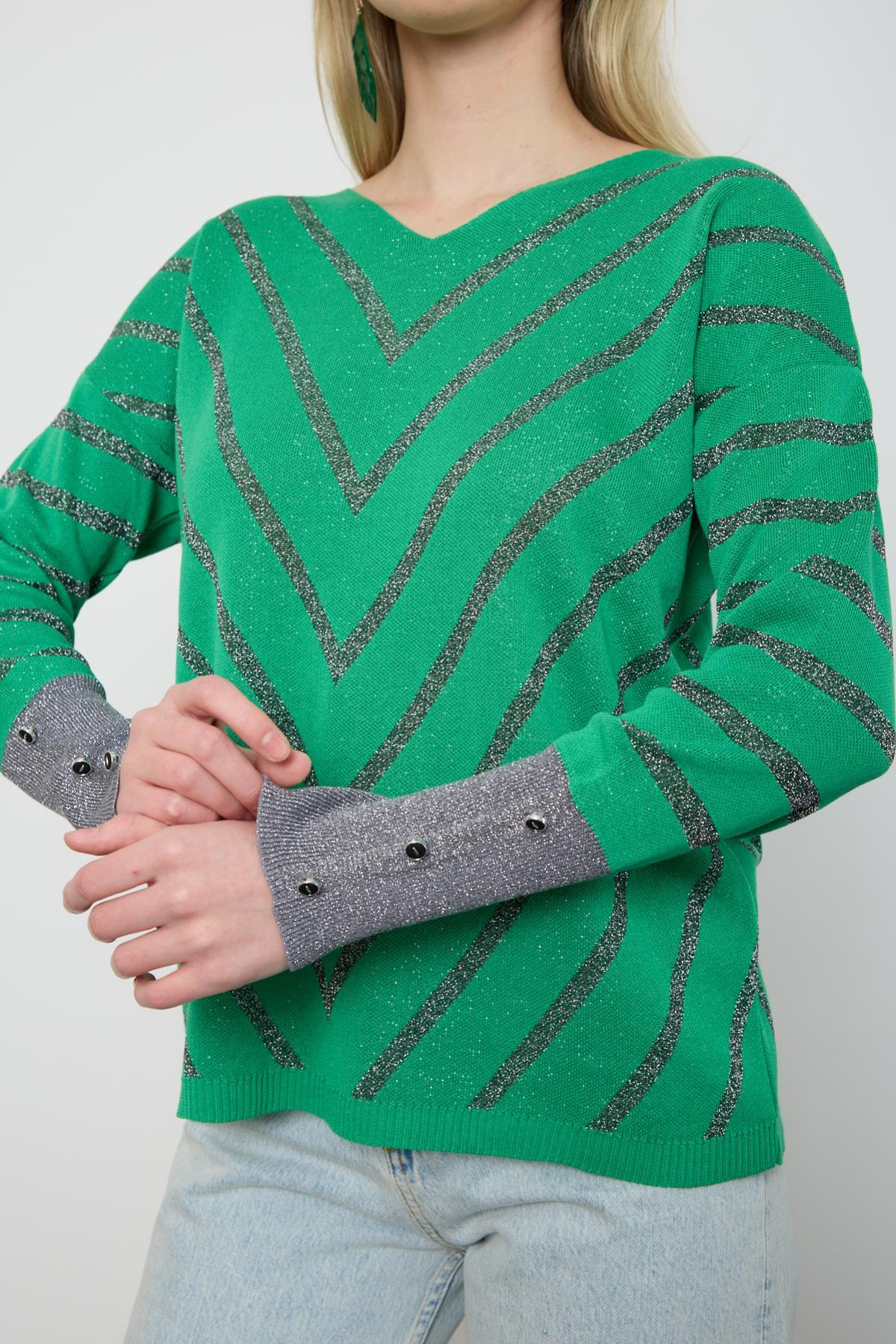 Wholesale Women Green Glitter V Neck Knit Blouse with Buttons on Sleeves 724823
