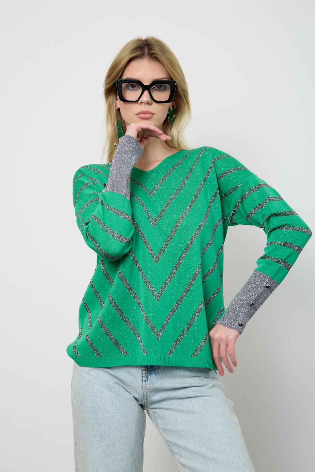 Wholesale Women Green Glitter V Neck Knit Blouse with Buttons on Sleeves 724823