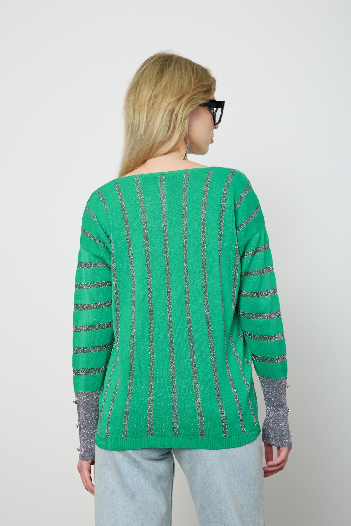 Wholesale Women Green Glitter V Neck Knit Blouse with Buttons on Sleeves 724823