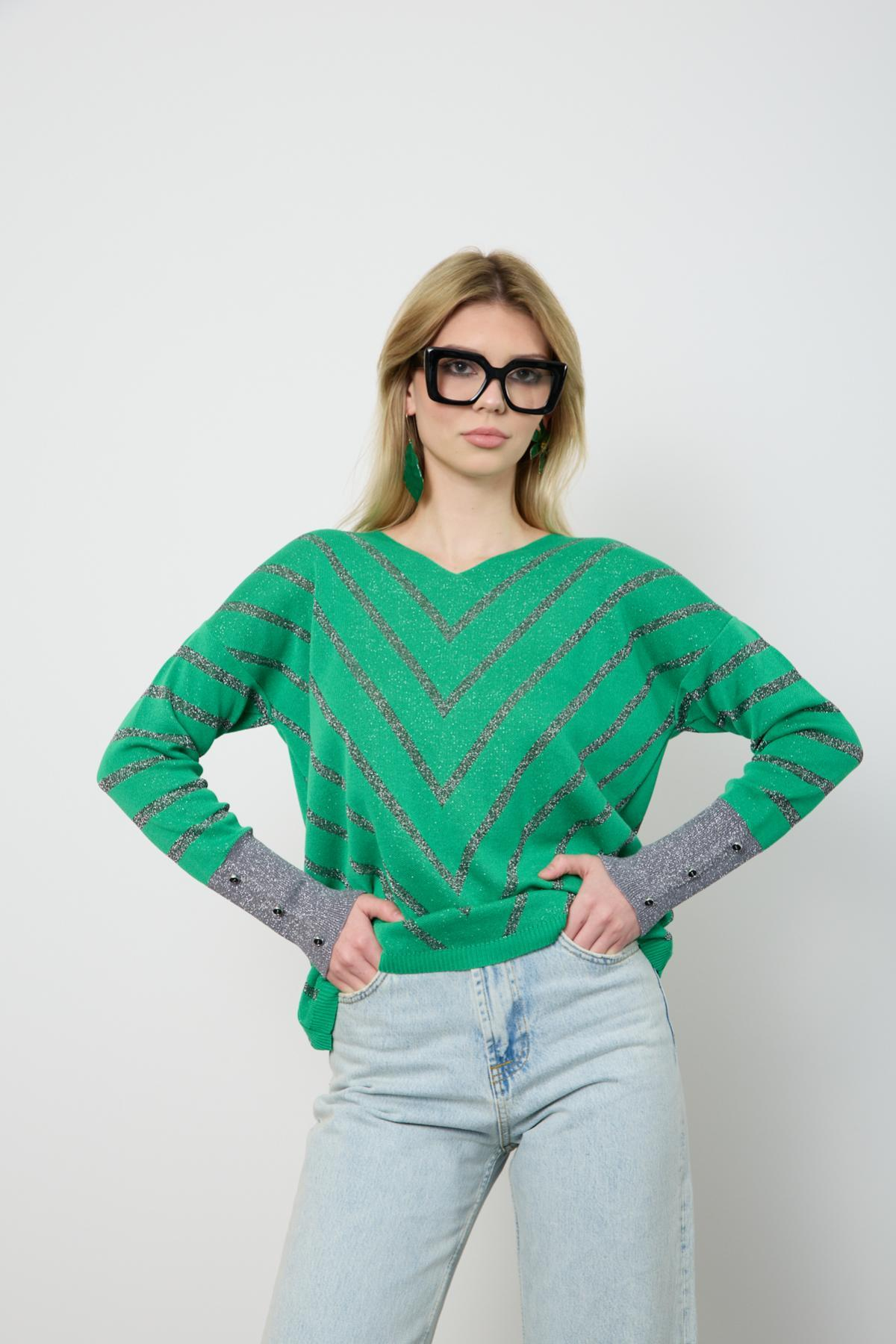 Wholesale Women Green Glitter V Neck Knit Blouse with Buttons on Sleeves 724823
