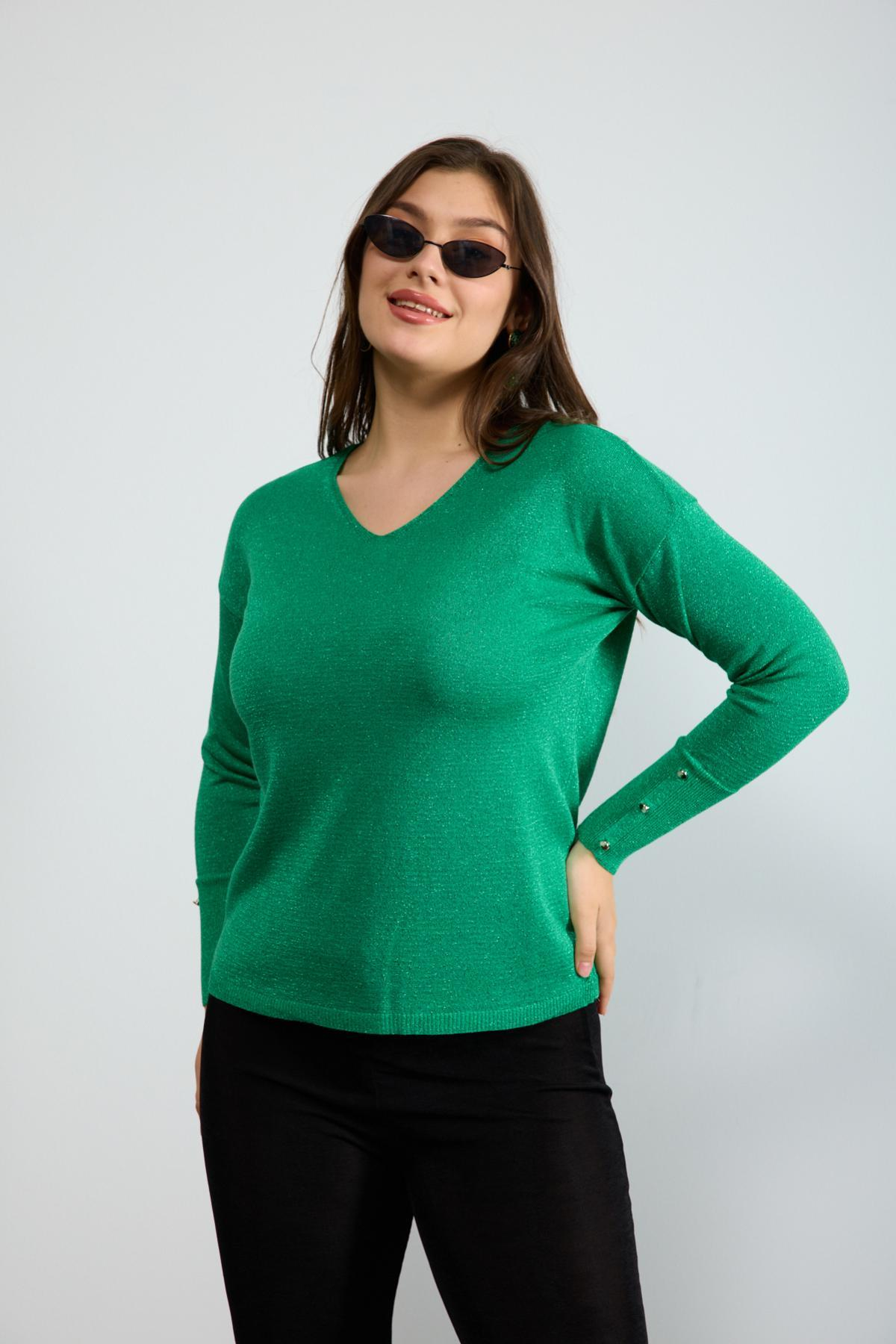 Wholesale Women Green Glittery V Neck Knit Blouse with Wide Cuffs 724842