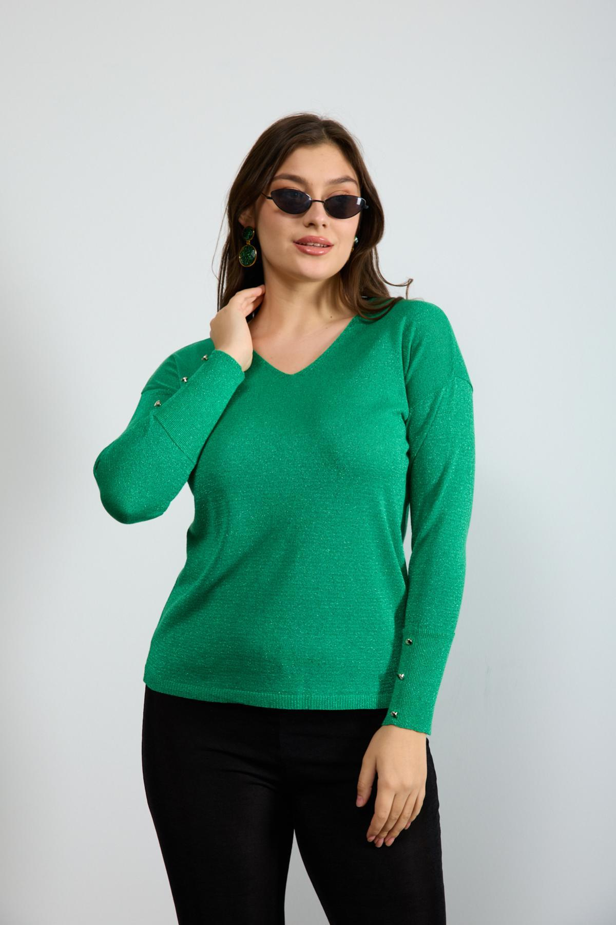 Wholesale Women Green Glittery V Neck Knit Blouse with Wide Cuffs 724842