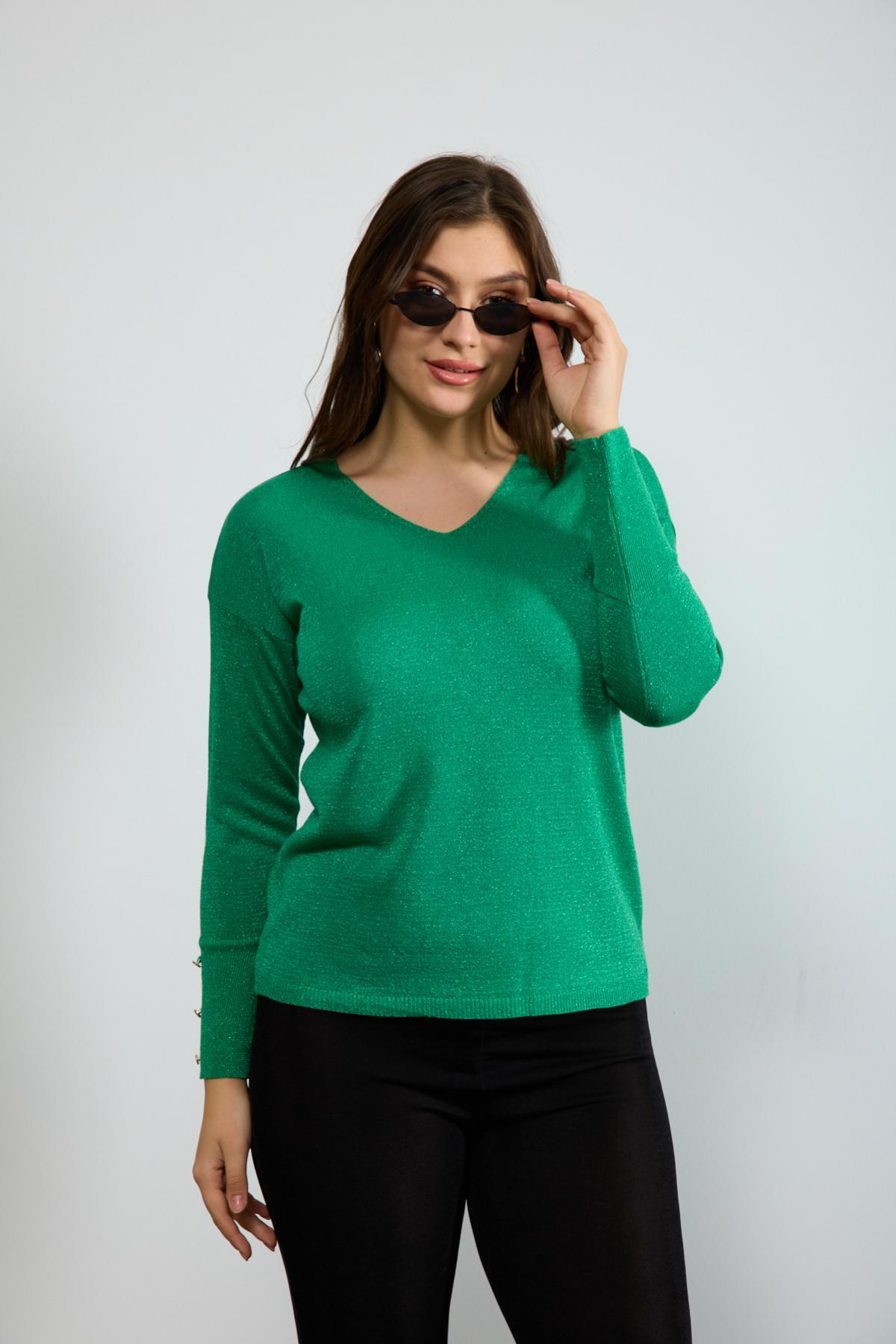 Wholesale Women Green Glittery V Neck Knit Blouse with Wide Cuffs 724842