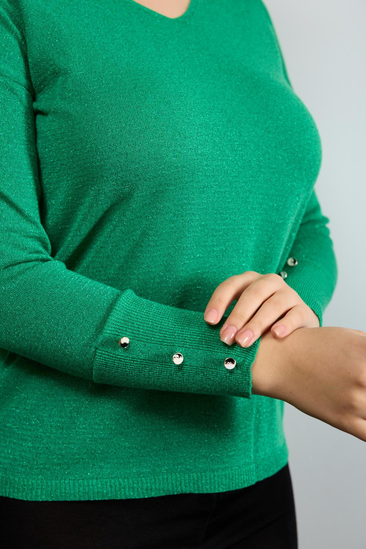 Wholesale Women Green Glittery V Neck Knit Blouse with Wide Cuffs 724842