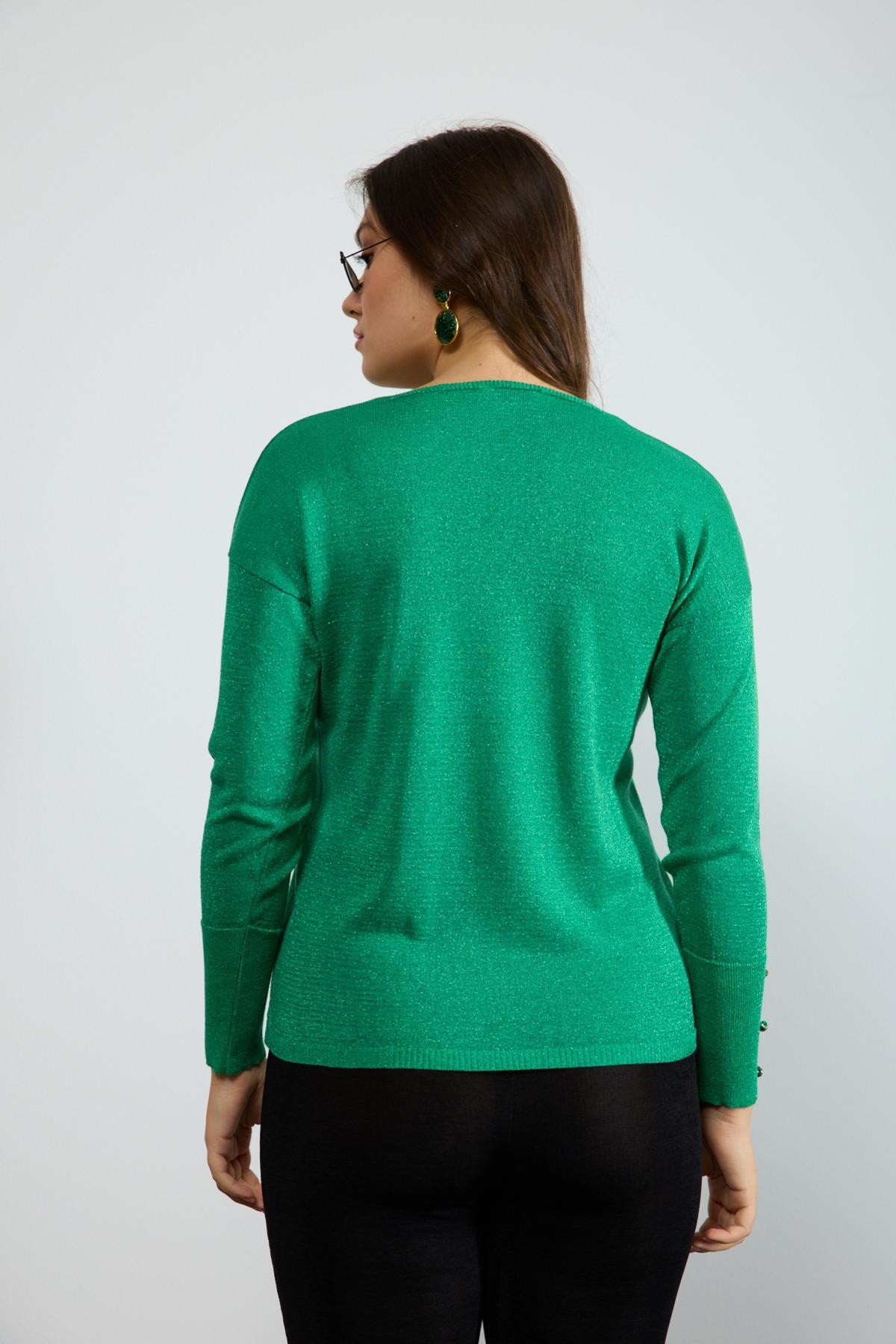 Wholesale Women Green Glittery V Neck Knit Blouse with Wide Cuffs 724842