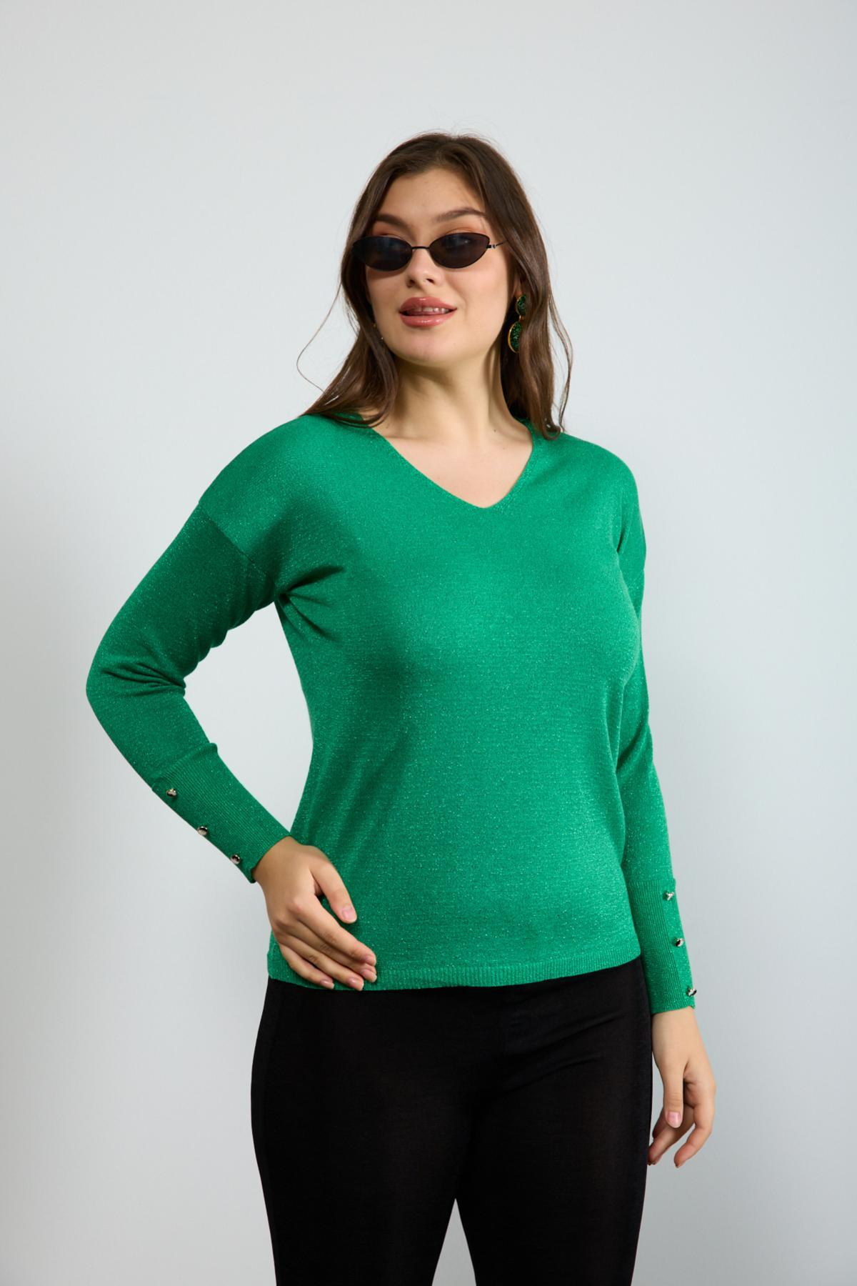 Wholesale Women Green Glittery V Neck Knit Blouse with Wide Cuffs 724842