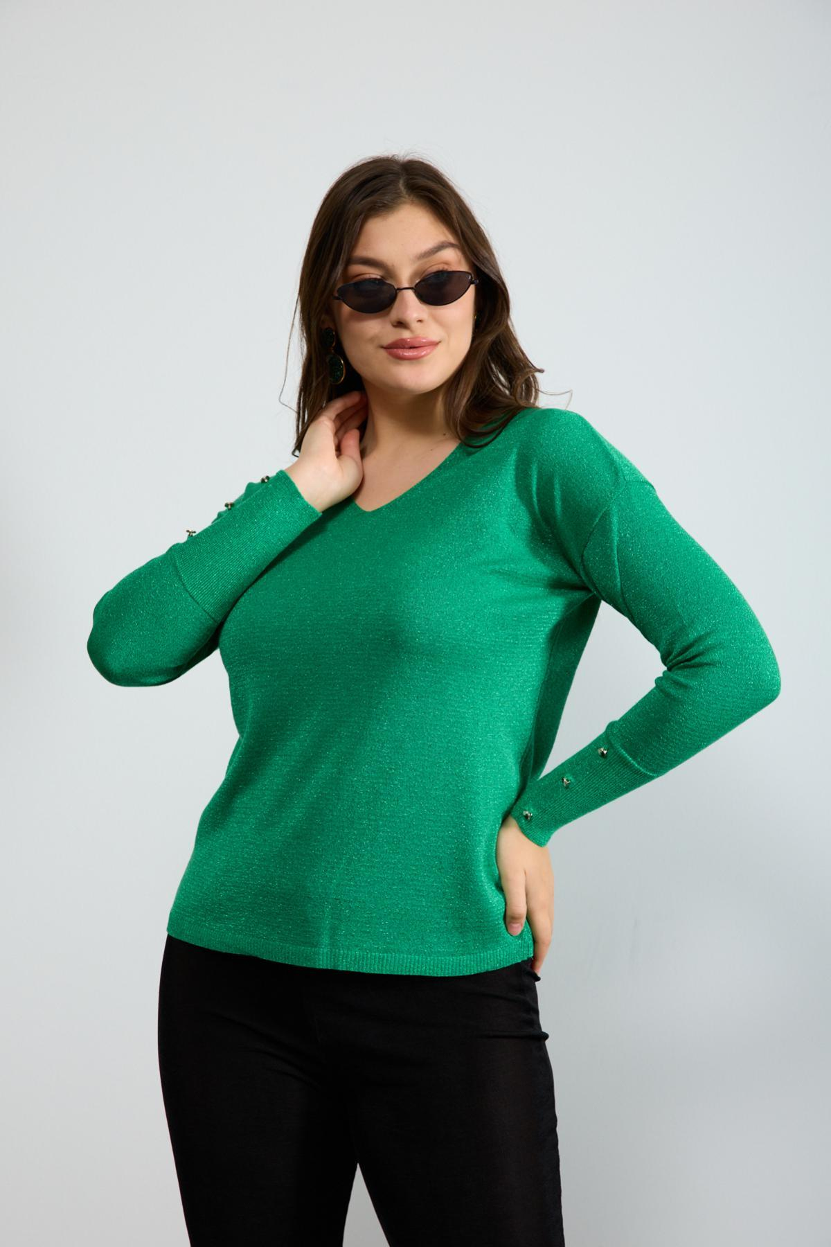 Wholesale Women Green Glittery V Neck Knit Blouse with Wide Cuffs 724842
