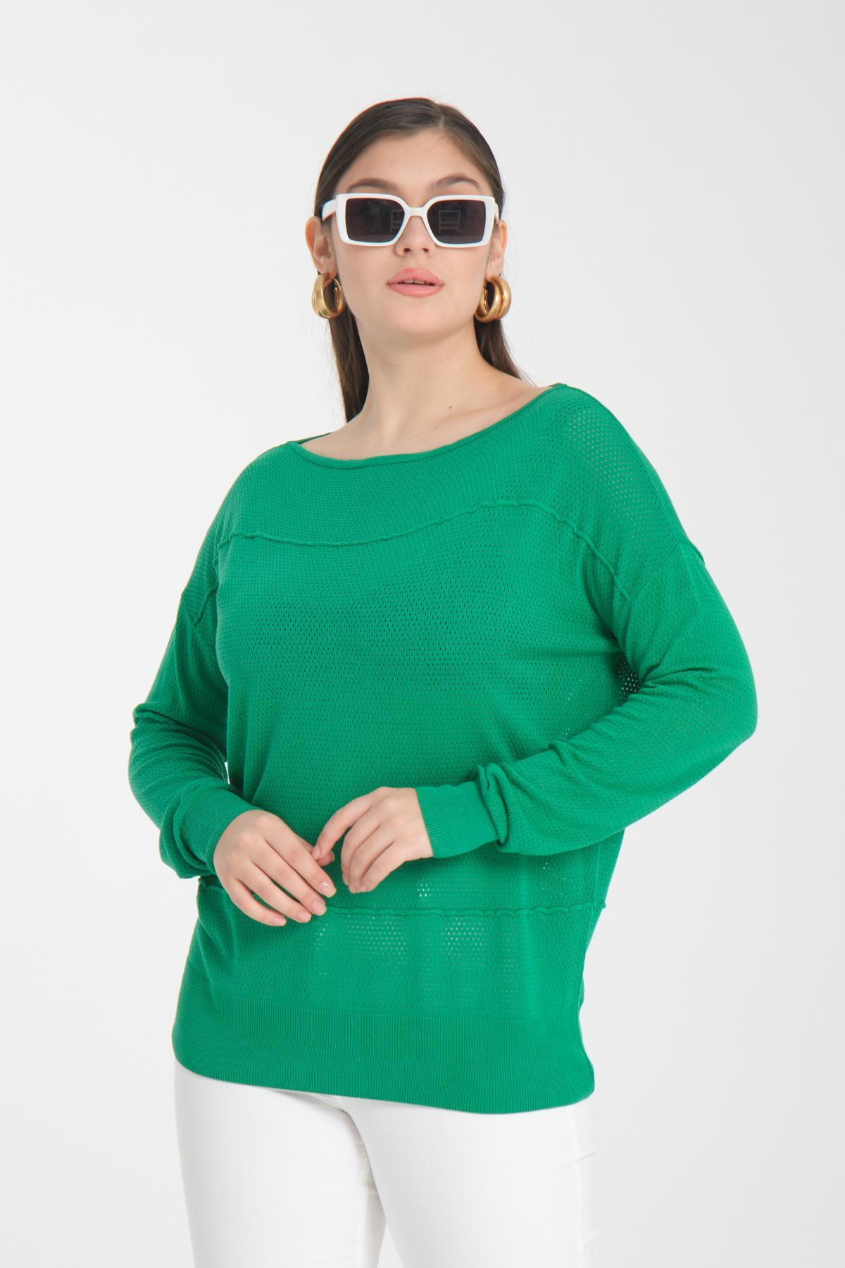 Wholesale Women Green Openwork Boat Neck Knit Blouse 722634