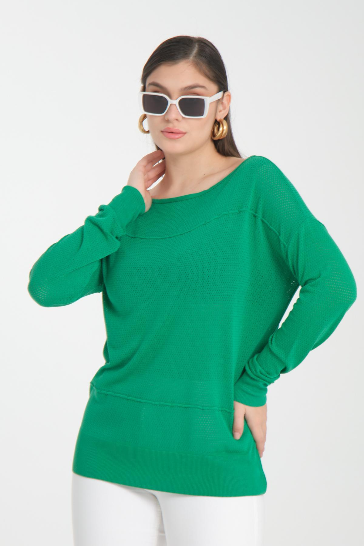 Wholesale Women Green Openwork Boat Neck Knit Blouse 722634