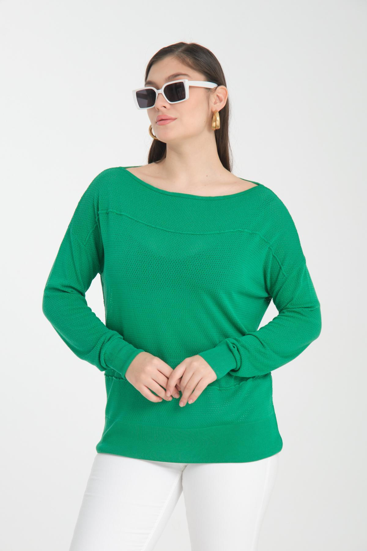 Wholesale Women Green Openwork Boat Neck Knit Blouse 722634