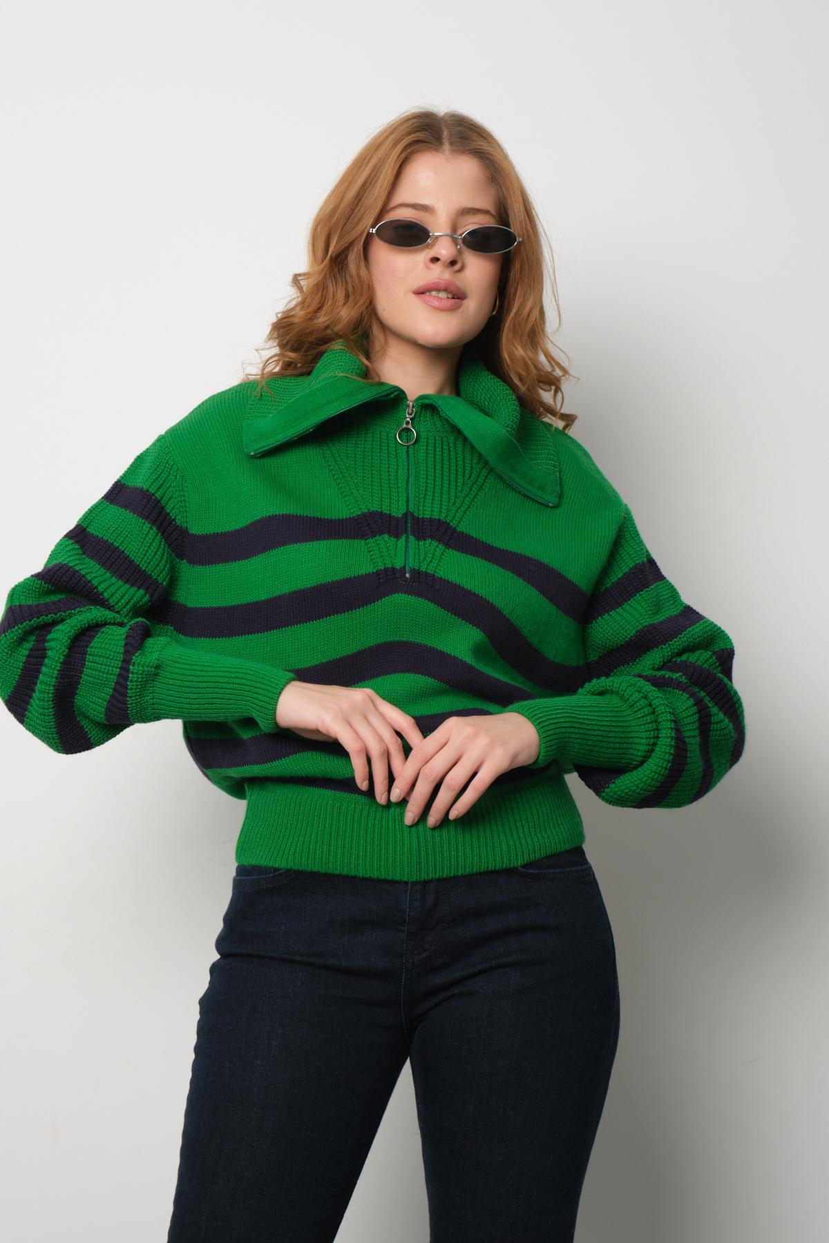 Wholesale Women Green Striped Zip Neck Knit Blouse 713316