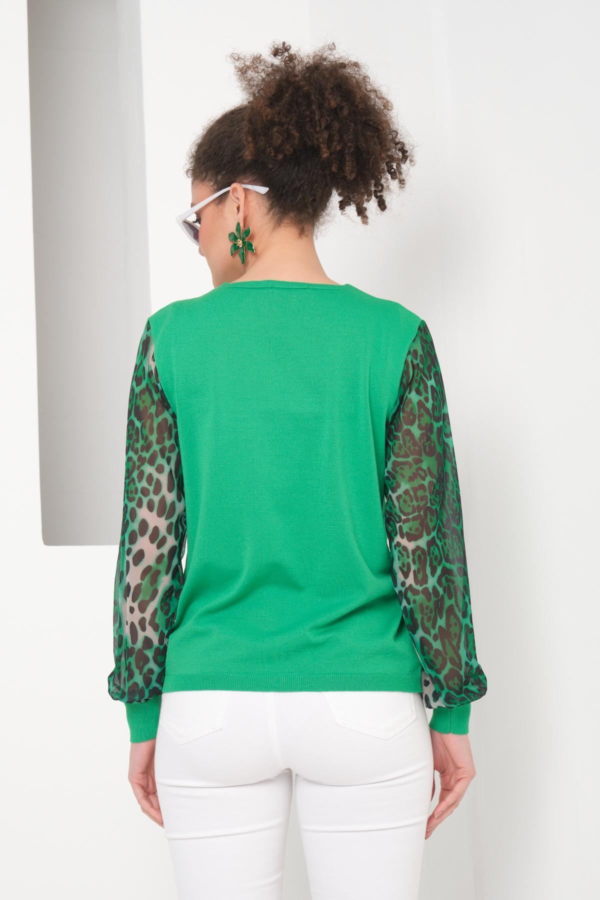 Wholesale Women Green V Neck Knit Blouse with Chiffon Sleeves 724777