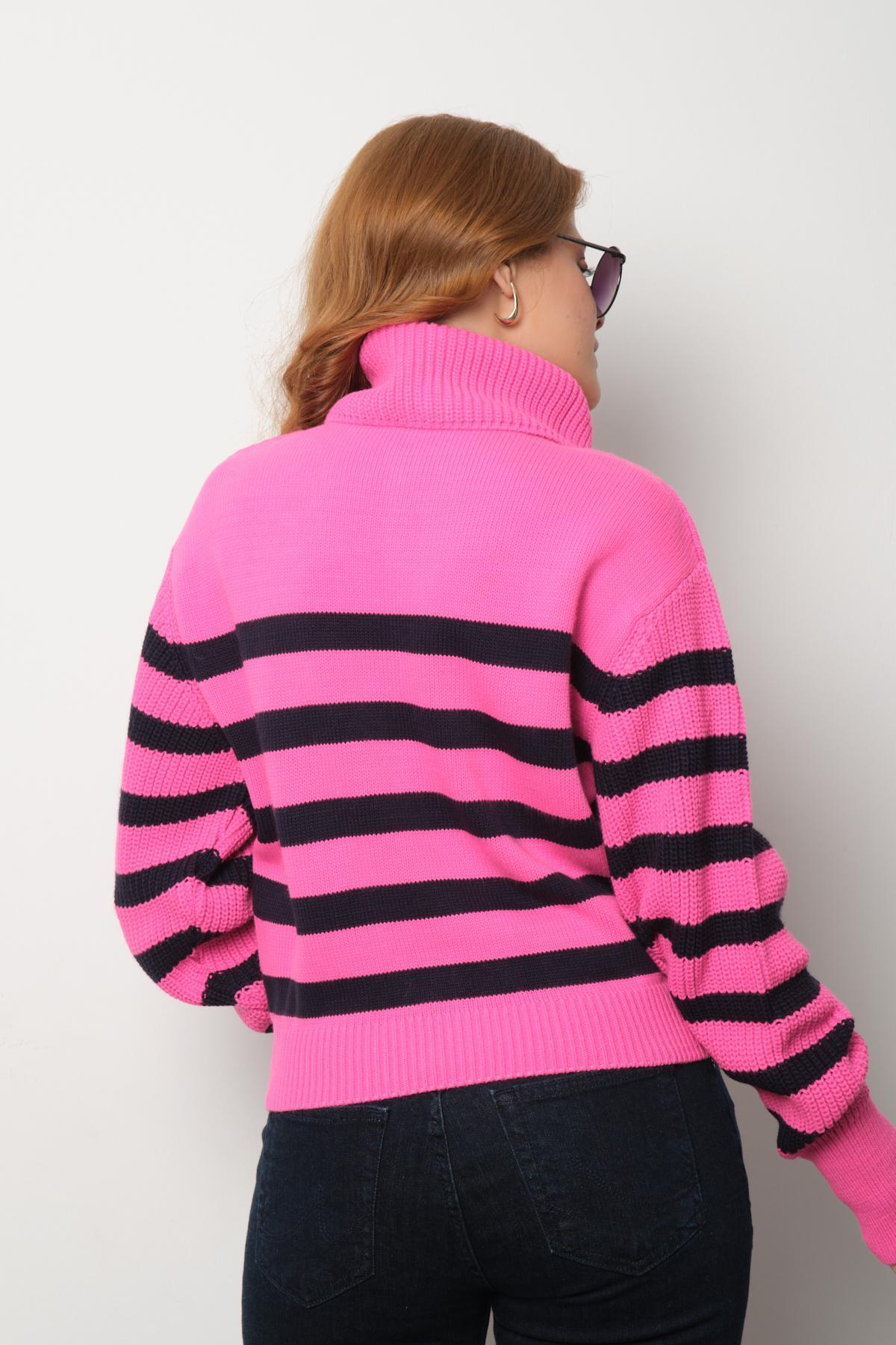 Wholesale Women Hot Pink Striped Zip Neck Knit Blouse 713319