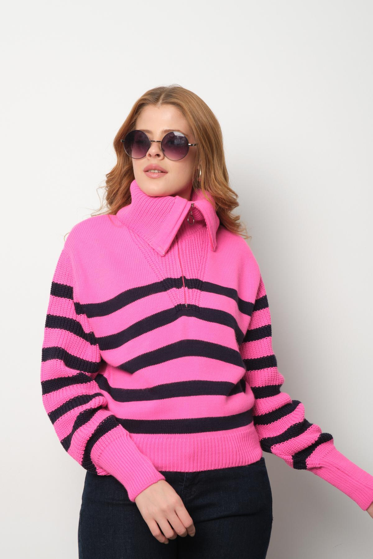 Wholesale Women Hot Pink Striped Zip Neck Knit Blouse 713319