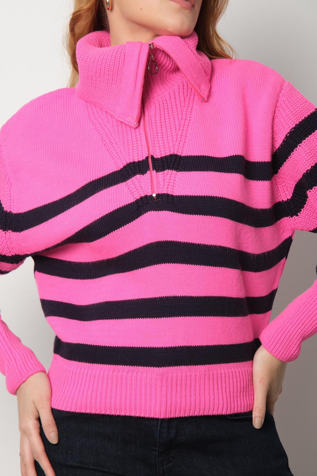 Wholesale Women Hot Pink Striped Zip Neck Knit Blouse 713319