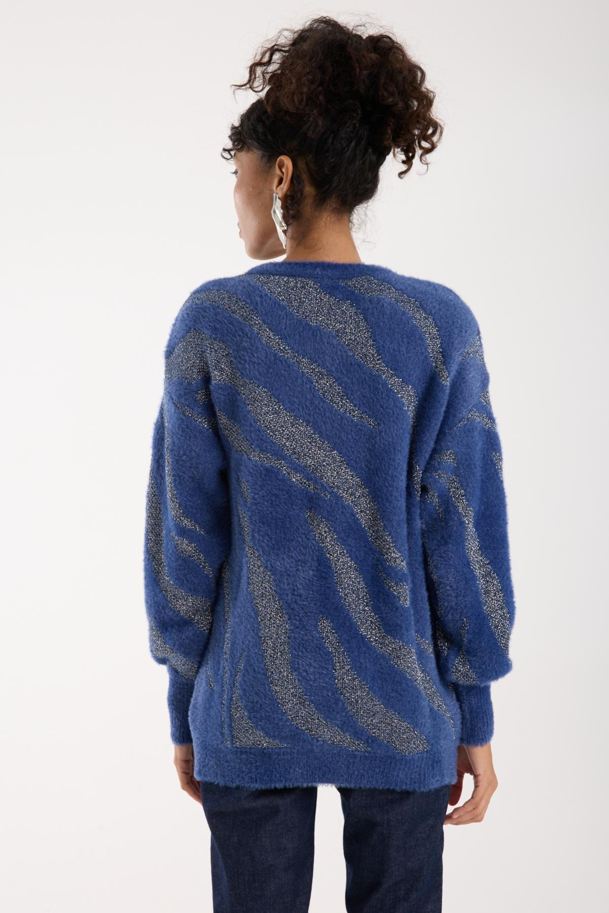 Wholesale Women Indigo Lurex Crew-Neck Knit Blouse with Bishop Sleeves 738863