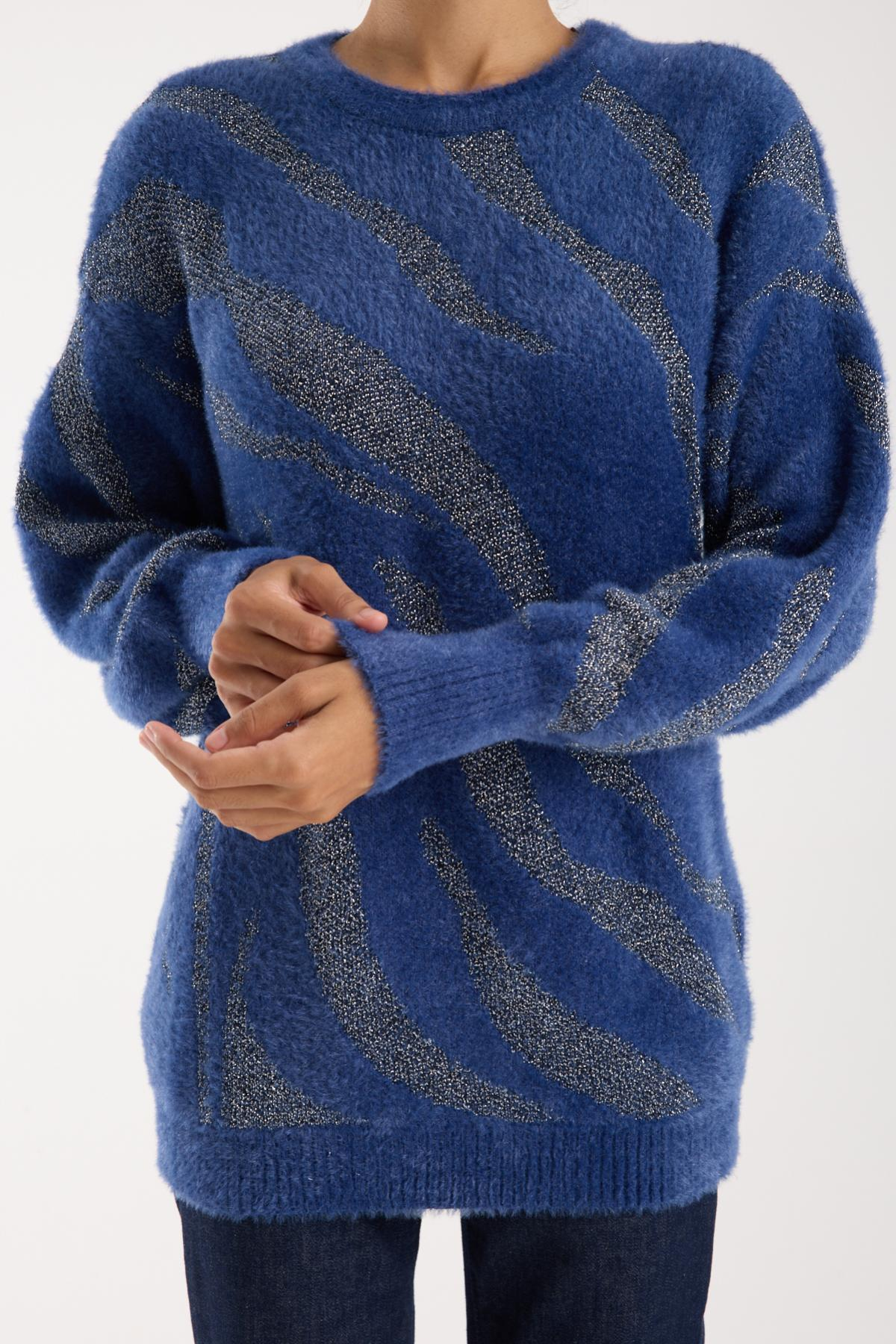Wholesale Women Indigo Lurex Crew-Neck Knit Blouse with Bishop Sleeves 738863