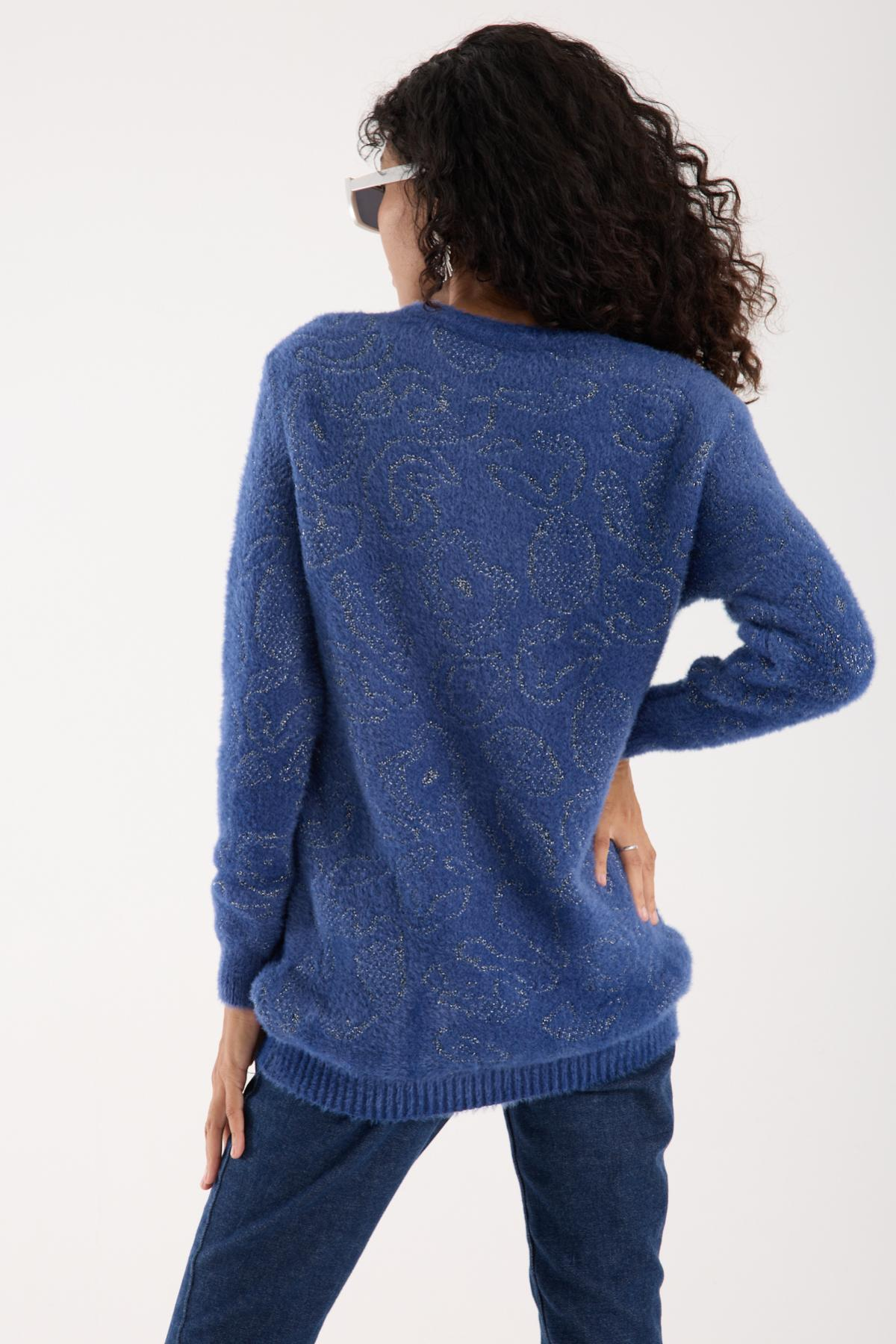 Wholesale Women Indigo Lurex Crew-Neck Knit Blouse with Side Slits 738857