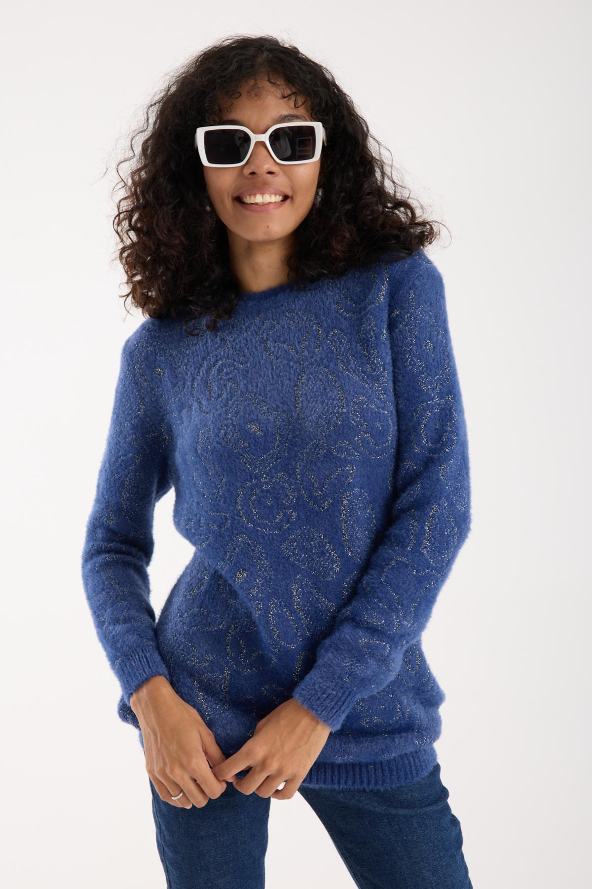 Wholesale Women Indigo Lurex Crew-Neck Knit Blouse with Side Slits 738857