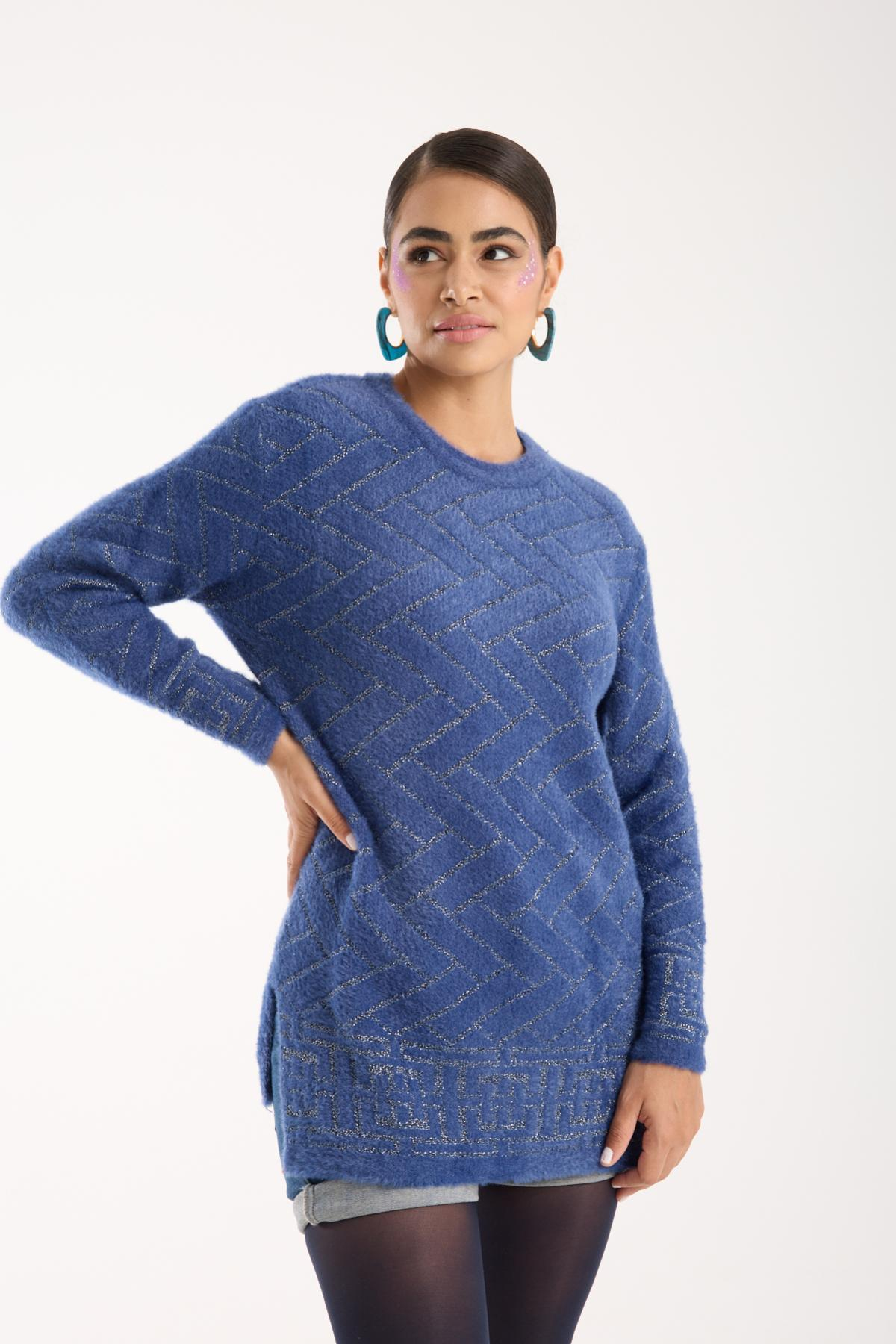 Wholesale Women Indigo Lurex Crew-Neck Knit Blouse with Side Slits 738849