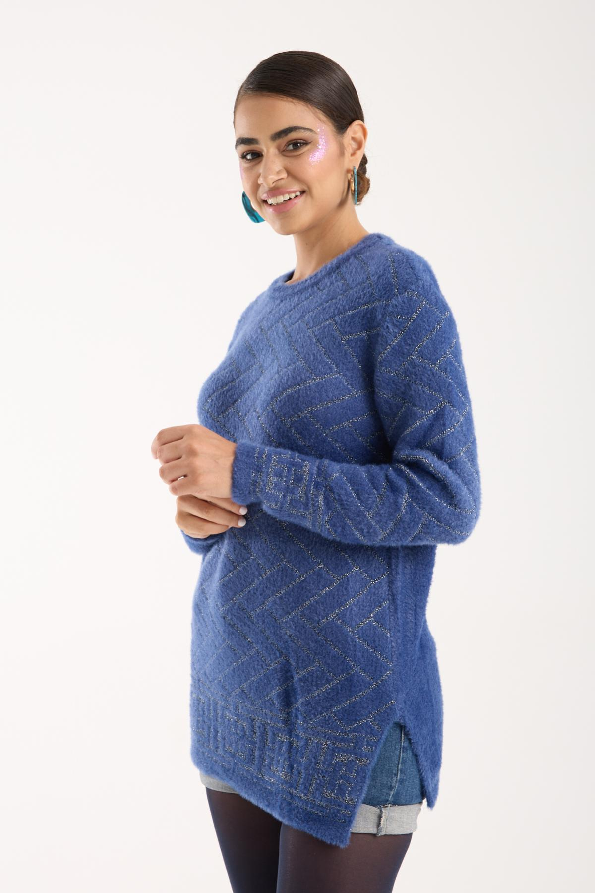 Wholesale Women Indigo Lurex Crew-Neck Knit Blouse with Side Slits 738849