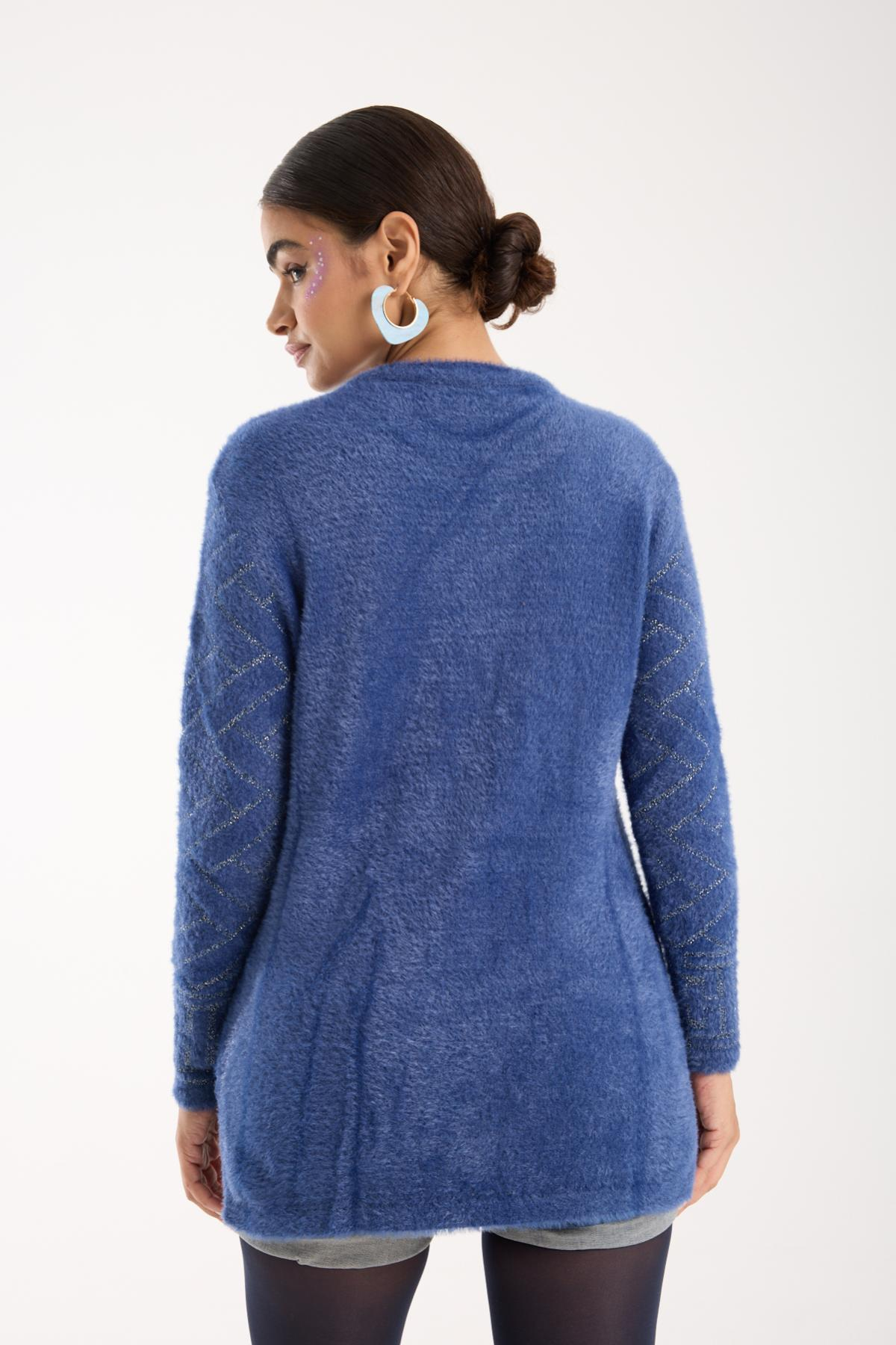 Wholesale Women Indigo Lurex Crew-Neck Knit Blouse with Side Slits 738849